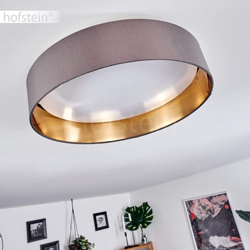 HOFSTEIN LED Deckenleuchte Elsa, runde Deckenllampe aus Metall/Stoff in Grau/Weiß/Goldfarben, moderne Leuchte mit Stoffschirm, 24 Watt, 3000 Kelvin, 2100 Lumen, Wohnzimmer, Schlafzimmer, Esszimmer