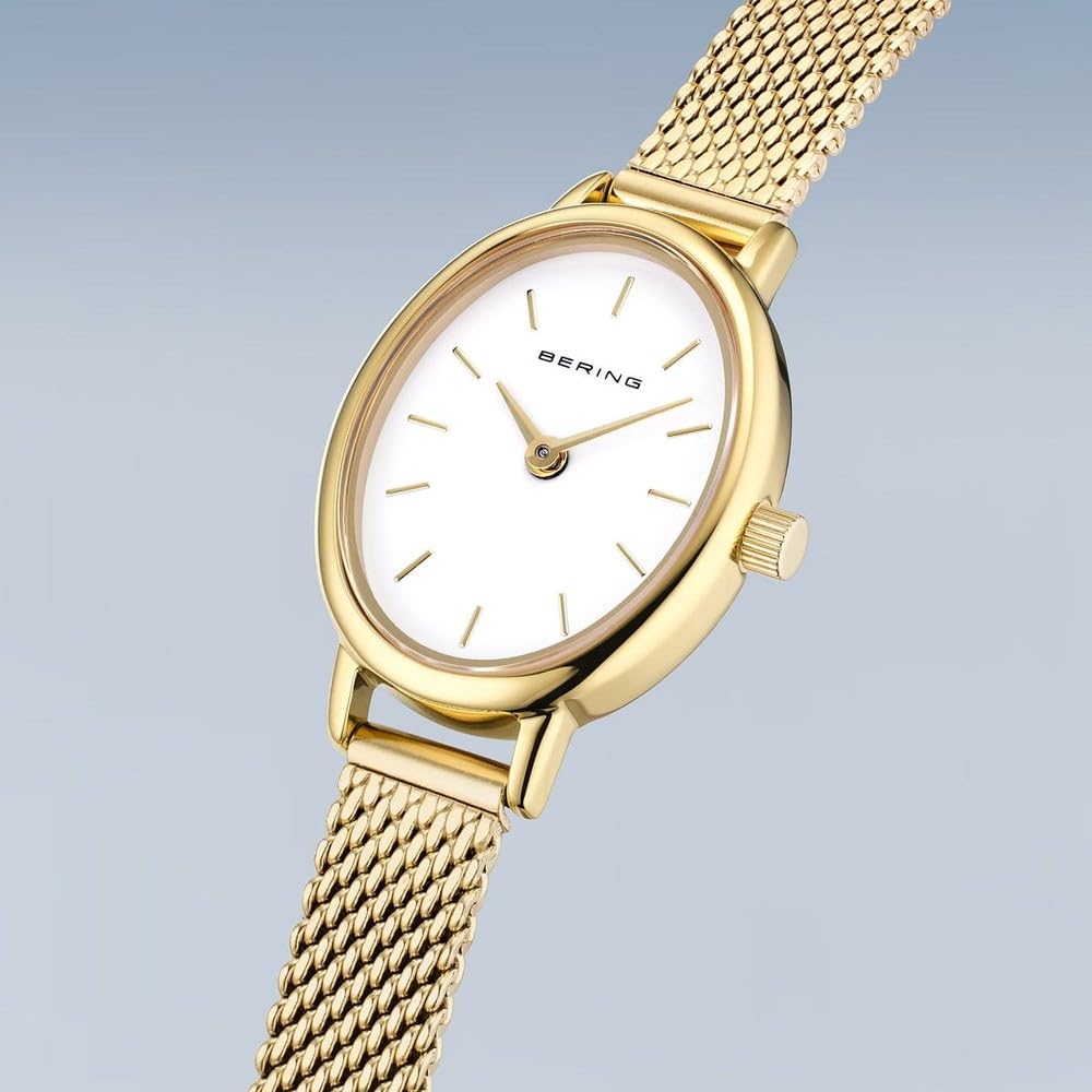 BERING Damen Quarz Uhr | Armbanduhr 20 mm goldenes Edelstahlgehäuse und weißes Zifferblatt | Milanaisearmband | Saphierglas | 3 ATM | 11020-334 | Saphirglas, Quarzwerk, Wasserdicht 3 ATM, Edelstahlgehäuse, Klappverschluss