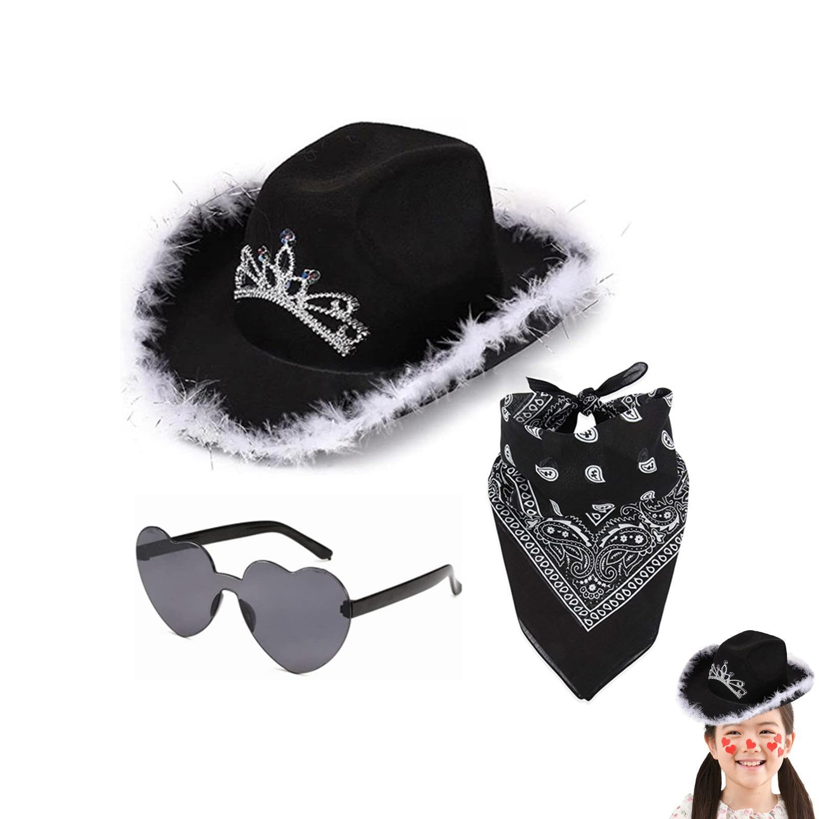 demaxiyad Sombrero Cowgirl, Sombrero De Vaq-uero Para Mujer, Gorro Va-quero Sombrero Cowboy Cowgirl De V-aquero+PañueloAlgodón+Gafa Corazones Fiesta De Disfraces Novedosa