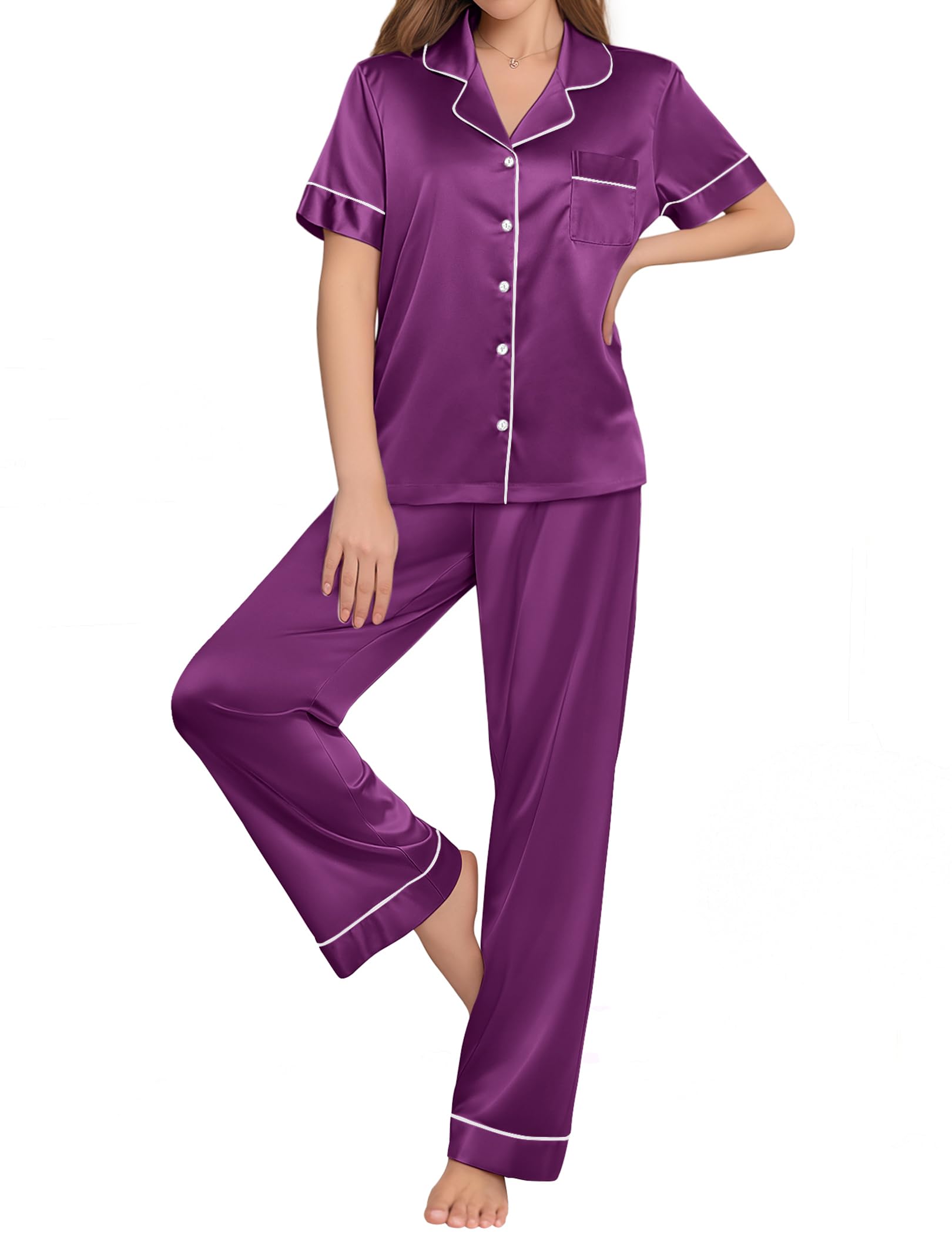 Ekouaer Womens Silk Pajama Sets Silky Short Sleeve Pjs 2 Piece Silk Button Down Pajamas Soft Satin Pj Pants Set