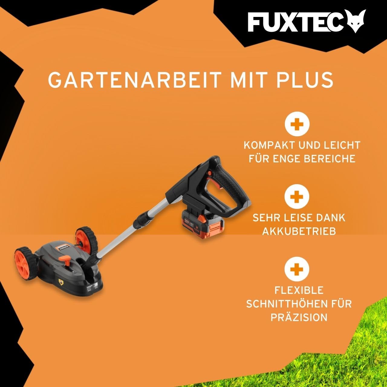 FUXTEC Akku Einhand-Rasenmäher FX-E1RMEH20-SET, kompakter Gartenmäher mit 220mm Schnittbreite, 20V Akku und Ladegerät, 300W, 3-fache Schnitthöheneinstellung 30–50mm, Flexible Kugelkopfsteuerung