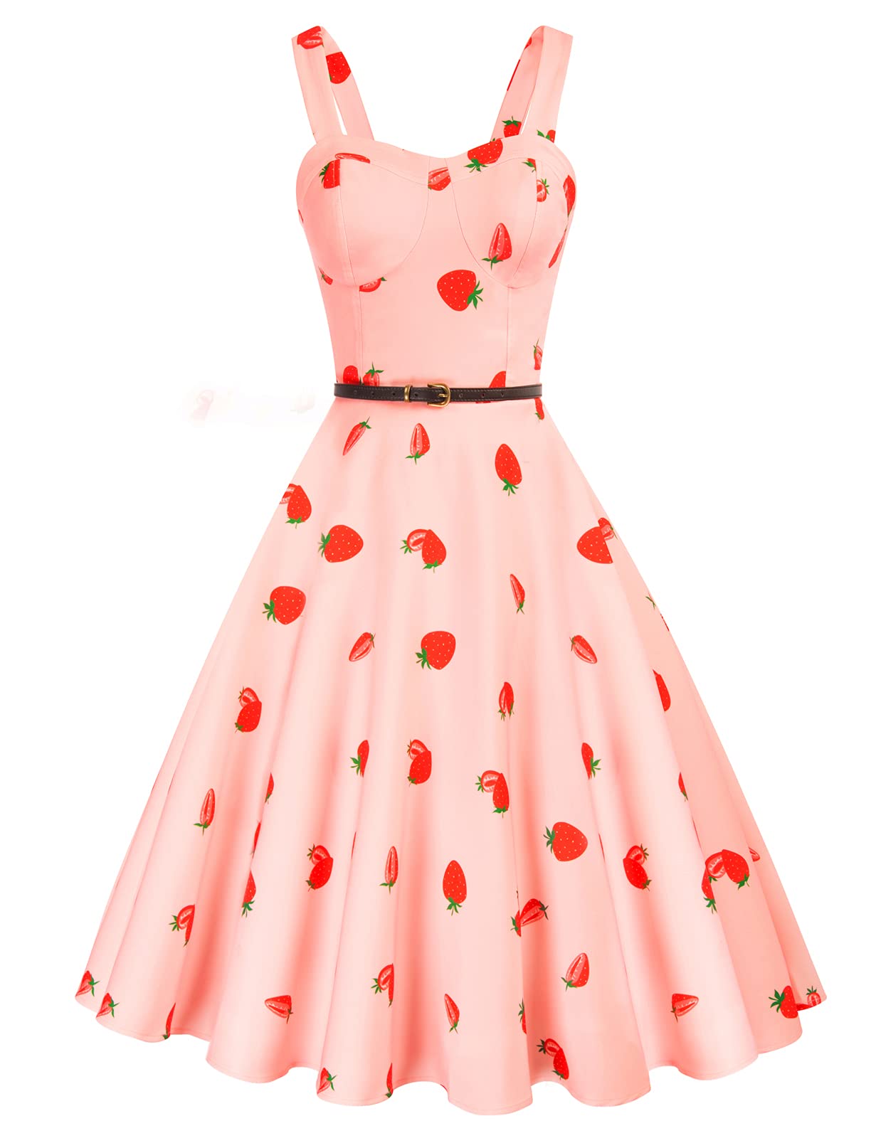 Belle PoqueWomen Sweetheart Neck Floral Dresses 1950s Sleeveless Vintage Swing Dresses with Belt
