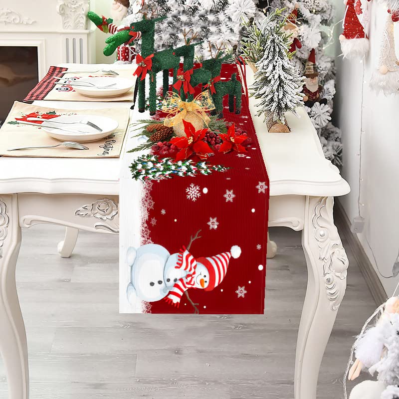 Artoid Mode Mantel De Mesa Rojo Con Muñeco De Nieve Y Copos De Nieve De Navidad, Ropa De Mesa De Invierno Para La Cocina, Decoración De Mesa Para Interiores, Vacaciones, Fiestas, Decoración