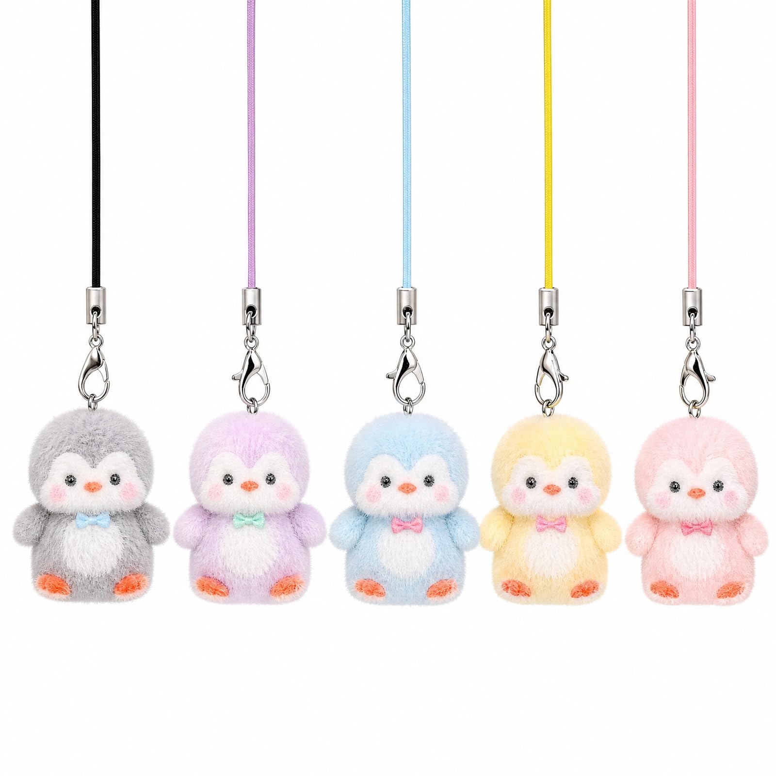 5Pcs Flocked Penguin Phone Charms, Cute Phone Accessories for Girls | Resin Material Phone Charms, Pink Yellow Gray Blue Purple Colors, Phone Case Bag Keychain Decorations-image-36