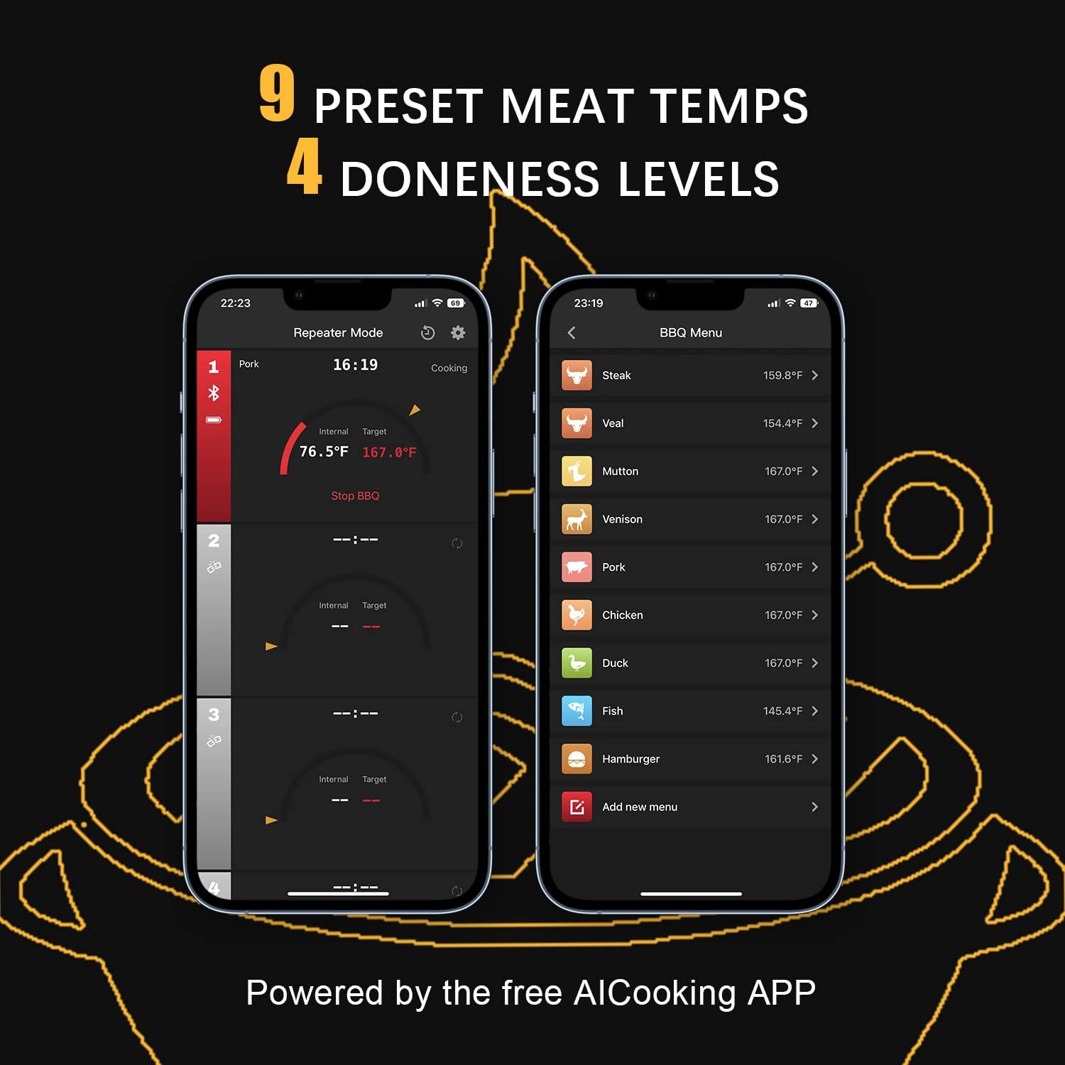 Termómetro de carne inalámbrico, Bluetooth con conexión a aplicación, pantalla LCD, IPX7, resistente al agua, termómetro para barbacoa, horno, barbacoa, cocina