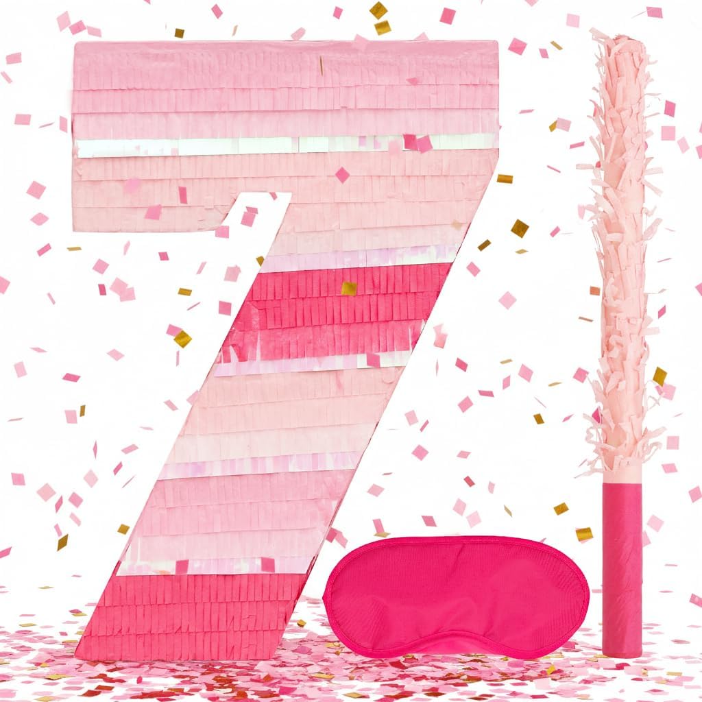 Pinks Number 7 Pinatas Bundle with a Blindfold and Bat(16.1 x 11 x 4 Inches), Perfect for Boys and Girls Birthday Party Supplies, Pink Theme Birthday Decoration (Pink Number 7)