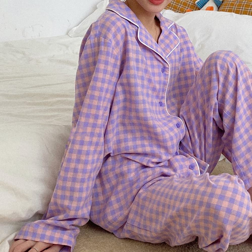 Pigiama Donna Corto Versatile A Quadri Dolce Pigiama in Cotone Pigiama Set Casual Manica Lunga Donna Pigiama Top & Pantaloni Indumenti da Notte Cozy Soft Loungewear