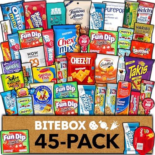 BITEBOX Snack Box (45 Count) Halloween Variety Pack Care Package Gift Basket Adult Kid Guy Girl Women Men Birthday College Student Office School