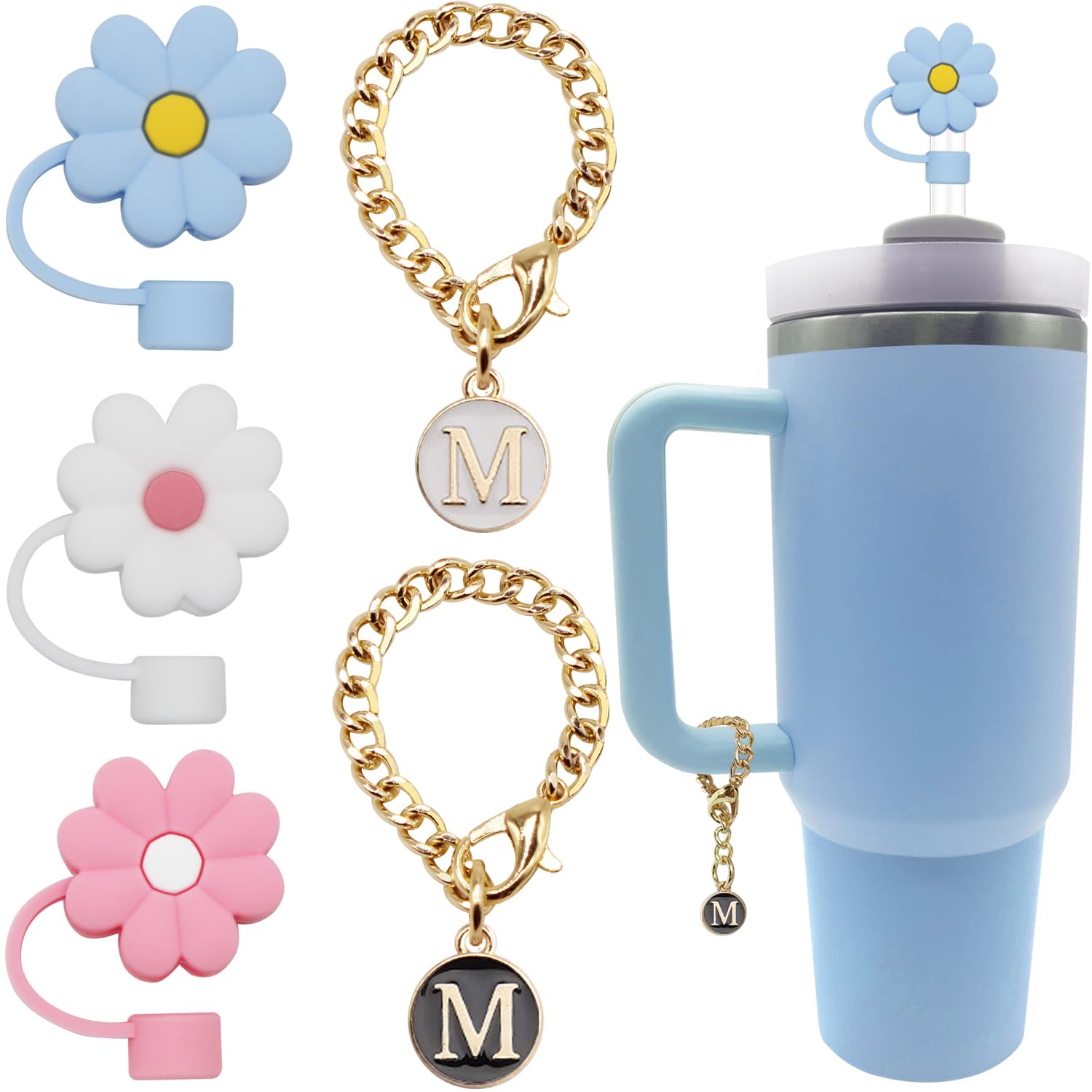 ANDERSE 3PCS Straw Cover Cap for Stanley Cup Accessories Silicone Flower 10 mm Straw Protector Tip 2PCS Initial Letter Charm Personalized Stanley 30&