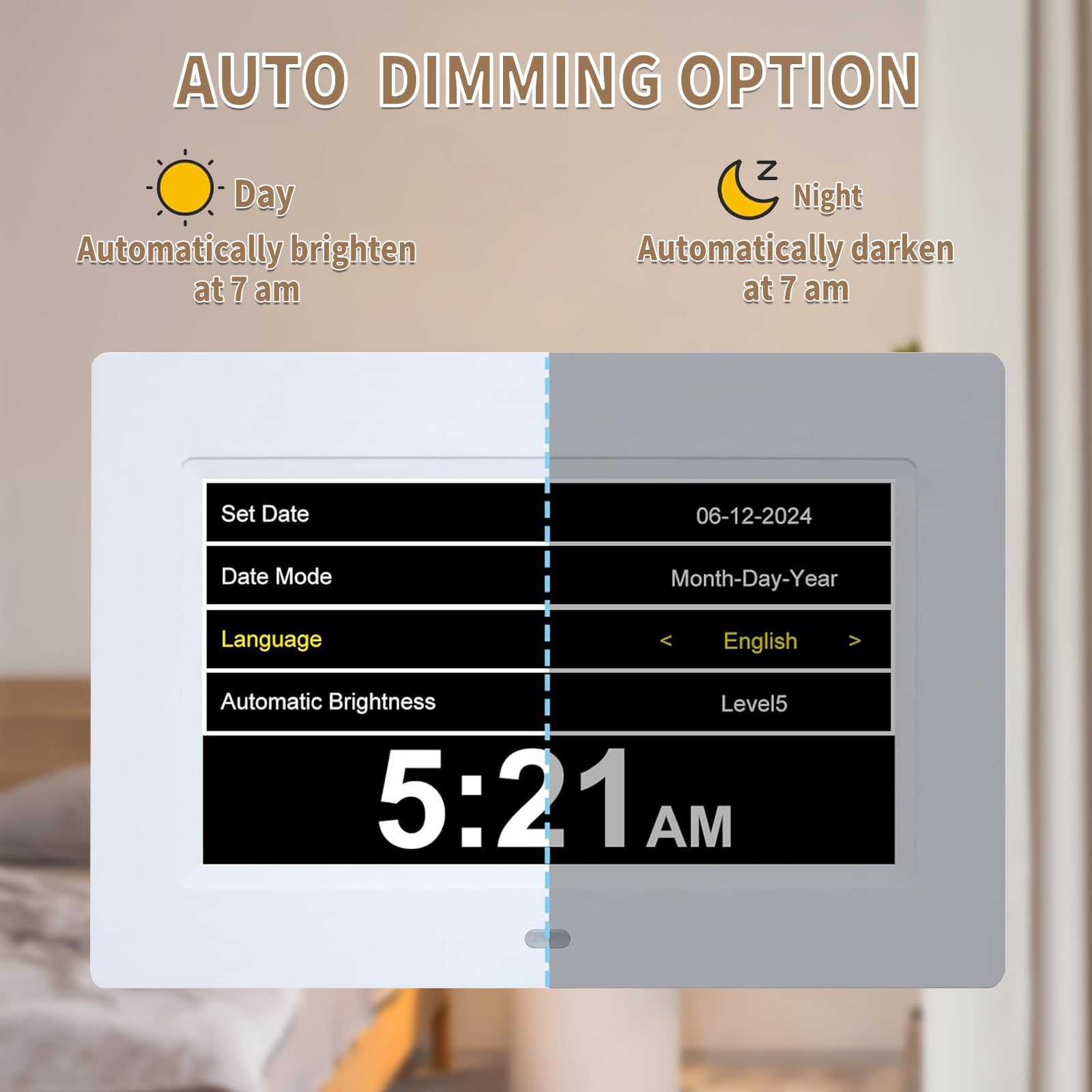 VHV 7 pulgadas LCD reloj digital calendario con fecha día y hora reloj no abetado auto atenuación 8 idiomas HD pantalla recordatorio para Alzheimer ancianos y niños (Negro)