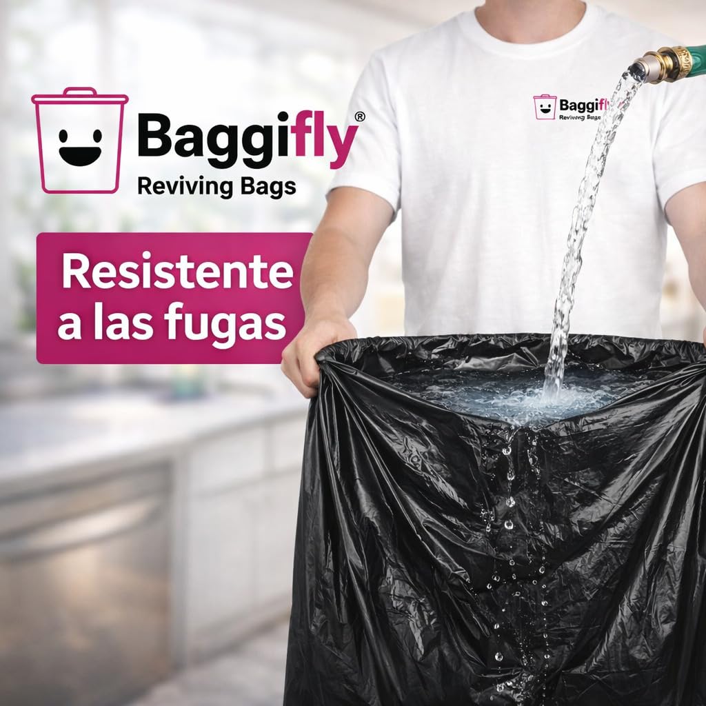 Baggifly, Bolsas de Basura 50L, 100 Bolsas Súper Resistentes, 100% Recicladas, Cierra Fácil, ECO Friendly, Hogar, Oficinas y Hostelería, Pack 5 x 20, Fabricado en España