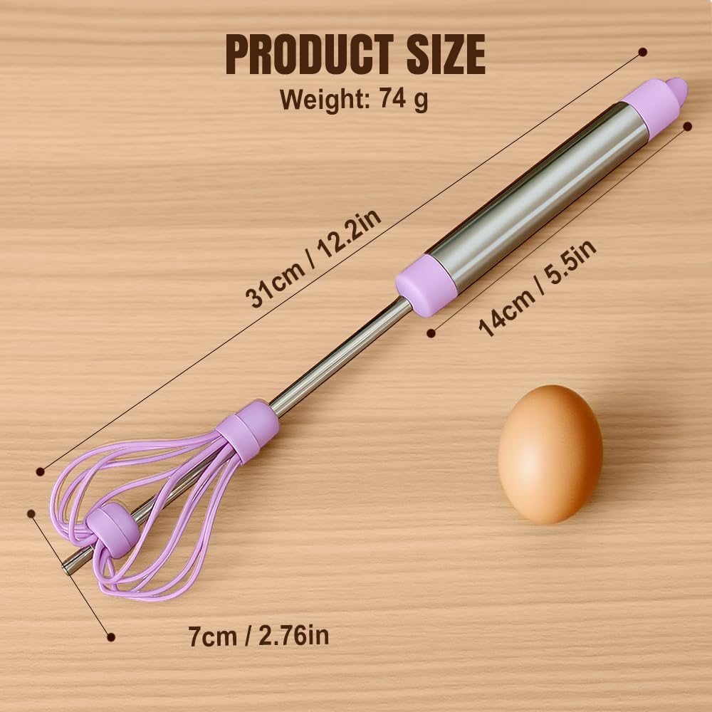 Stainless Steel Semi-Automatic Whisk, Egg Whisk Hand Push Rotary Blender, Hand Push Egg Beater Manual, Rotational Kitchen Wisking Tool for Blending, Whisking, Stirring (Purple 3pcs)