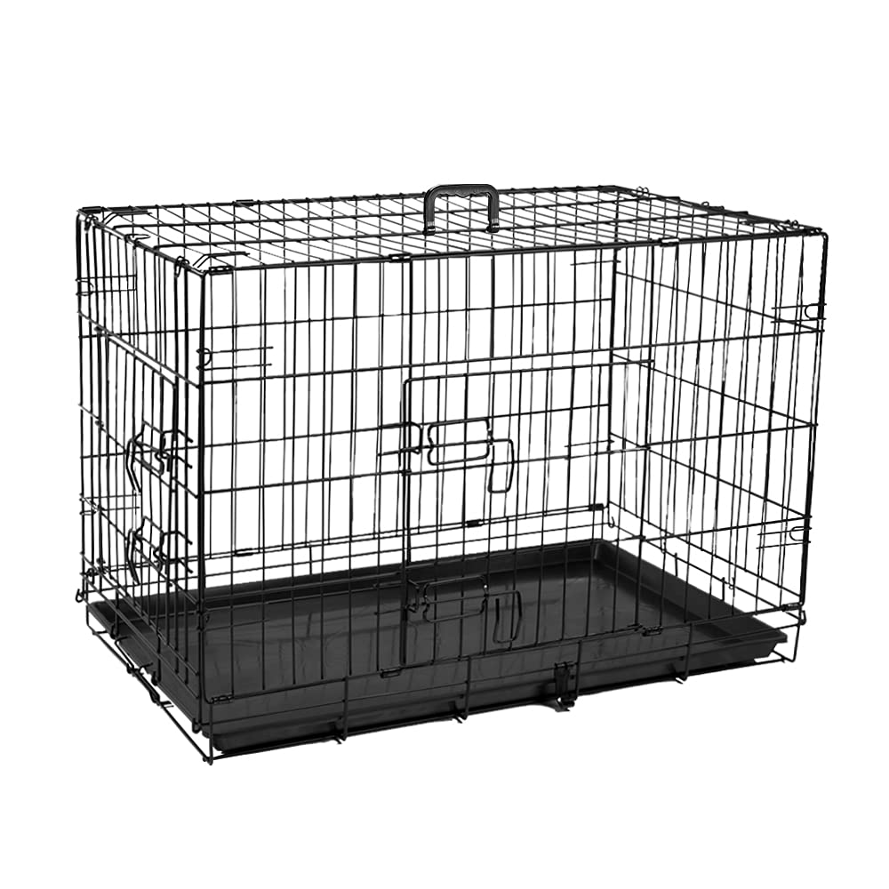 wowsubli Dog Puppy Crate Carrier Medium 30 inch Black Folding 2 Door 4 Lock Metal Training Cage Cat Pet Animal Transport with Solid Tray