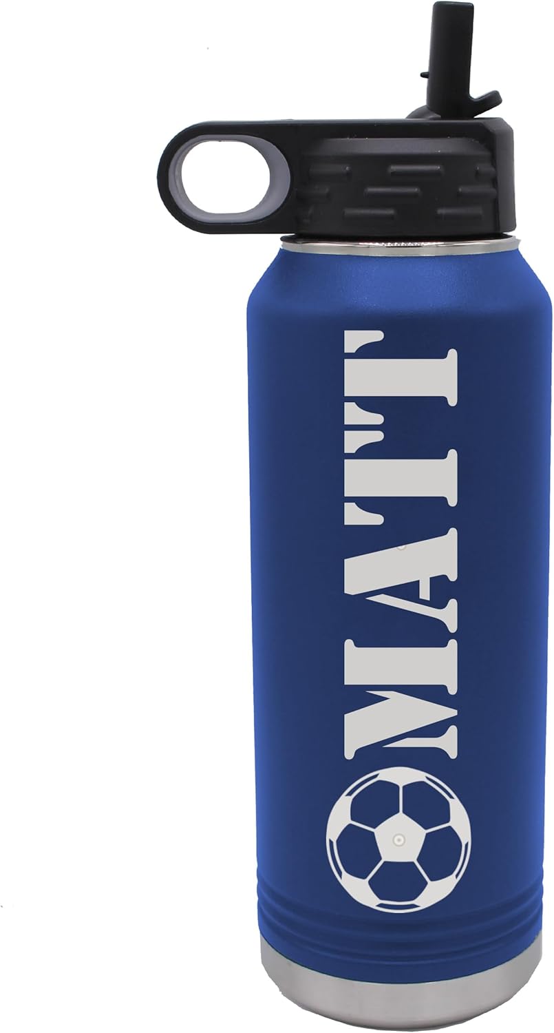 Custom Engraved Kids 32 oz Insulated Stainless Steel Powder Coated Sports Water Bottle with Lid and Straw - Personalized and Monogrammed