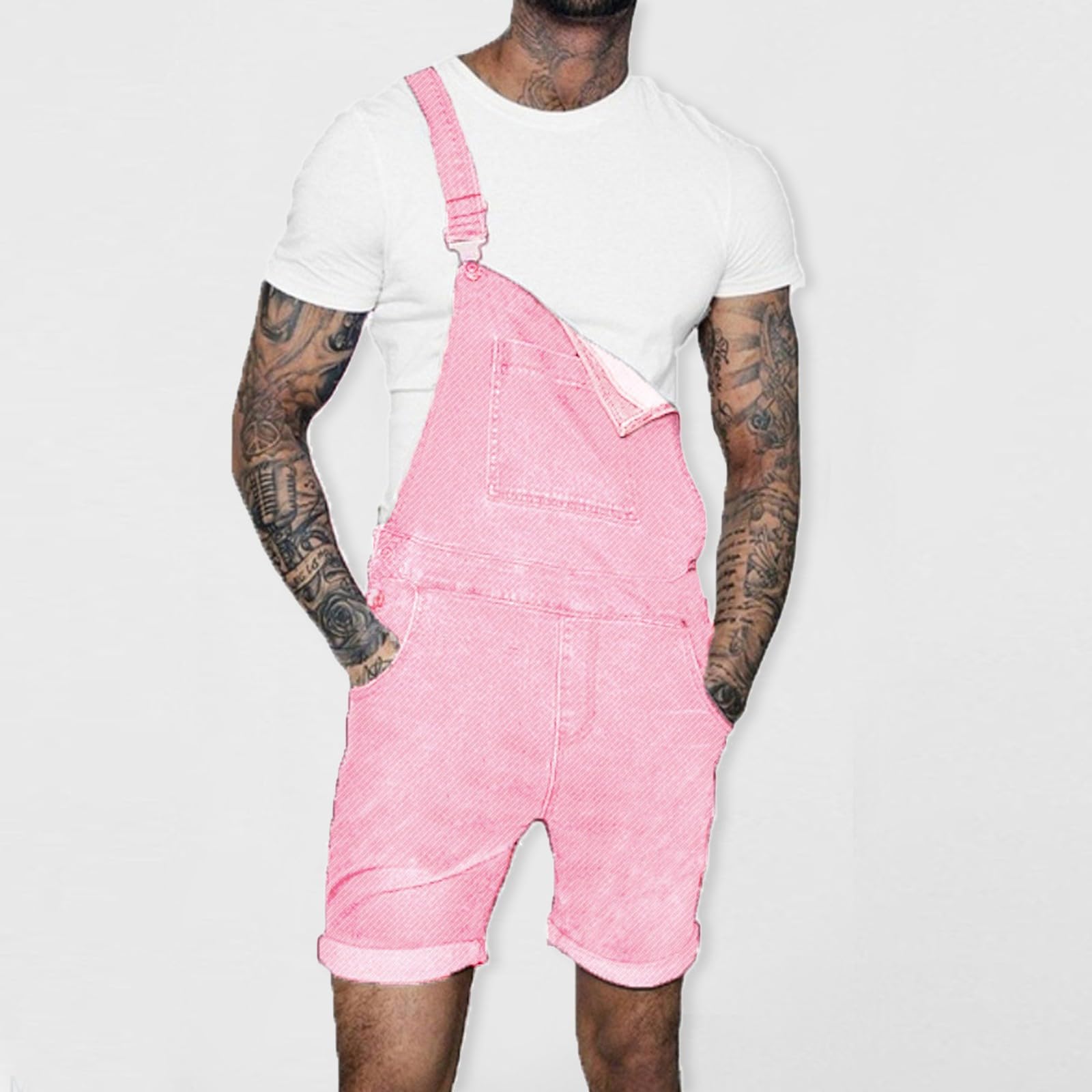 Salopette en jean pour homme - Short d'été - Combinaison en jean - Salopette cargo baggy - Pantalon de travail court - Coupe ample - Vintage - Avec poches
