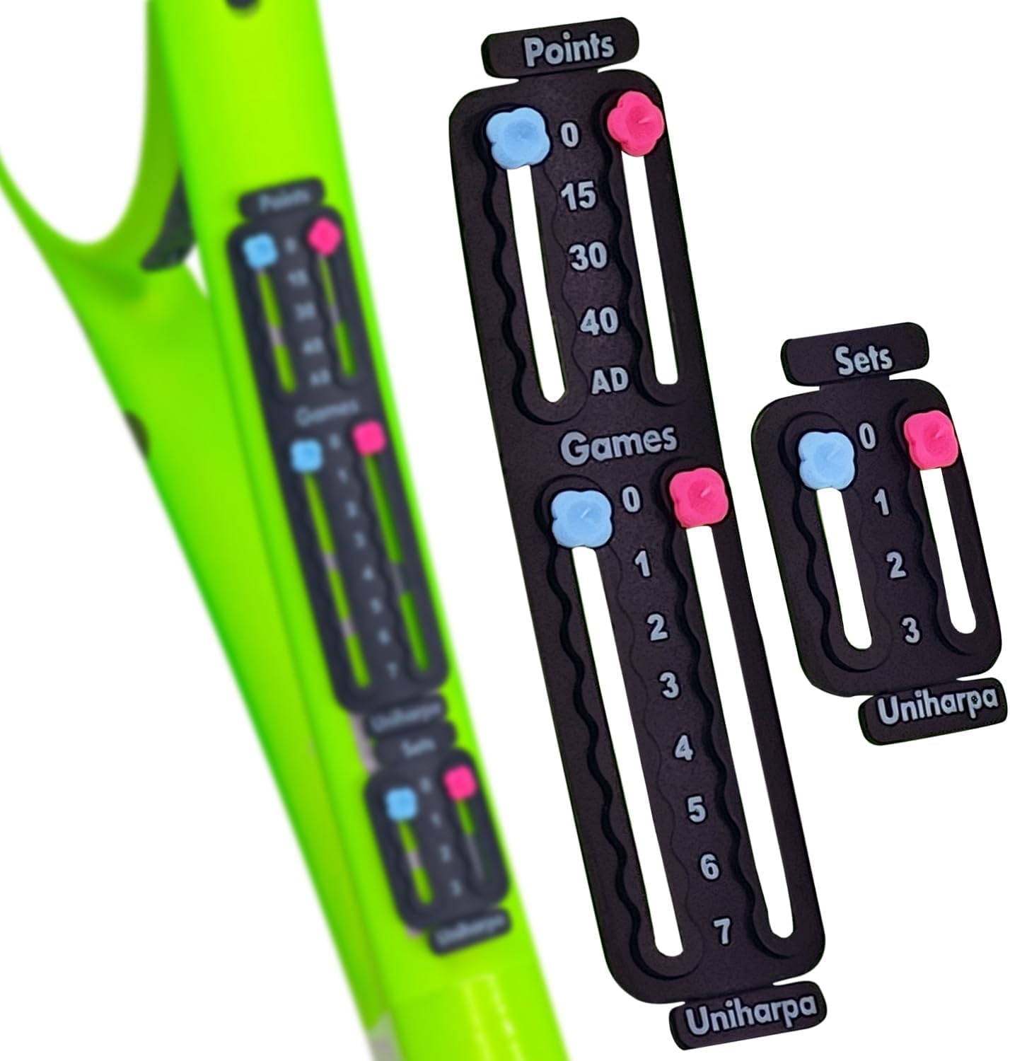 Uniharpa Portable Tennis Racket and Padel Scorekeeper, Easily Mounted Small Score Board to Keep Score of Points, Games, and Sets, Lightweight Mini Score Keeper, 1.9g