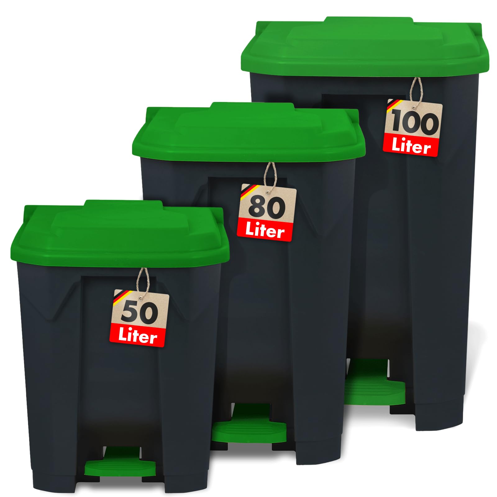 casa pura Mülltonne, Mülleimer 50 Liter, grüner Deckel, Abfalleimer für Küche und Büro, Mülltrennsystem, Tretmülleimer mit Step-On-Mechanismus, Papierkorb Olaf