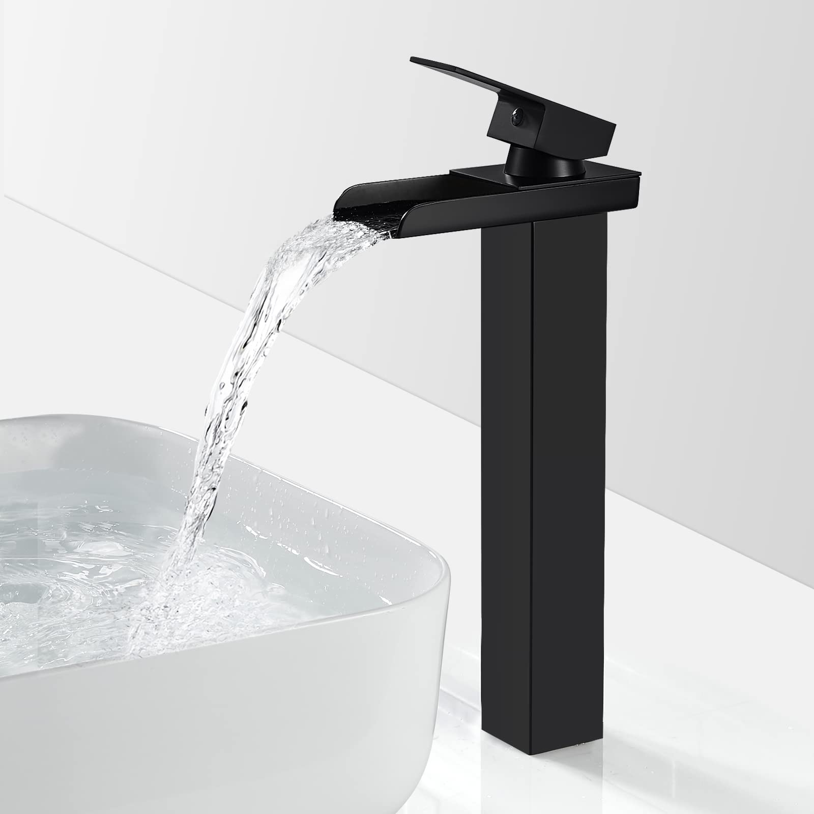 Rubinetto Bagno Lavabo Cascata Nero Alto, Miscelatore Lavabo Bagno Rubinetto per Lavabo con Altezza del Bocca di 265MM, Moderno Miscelatore Monocomando per Bagno Ottone, Acqua Calda e Fredda, G3/8