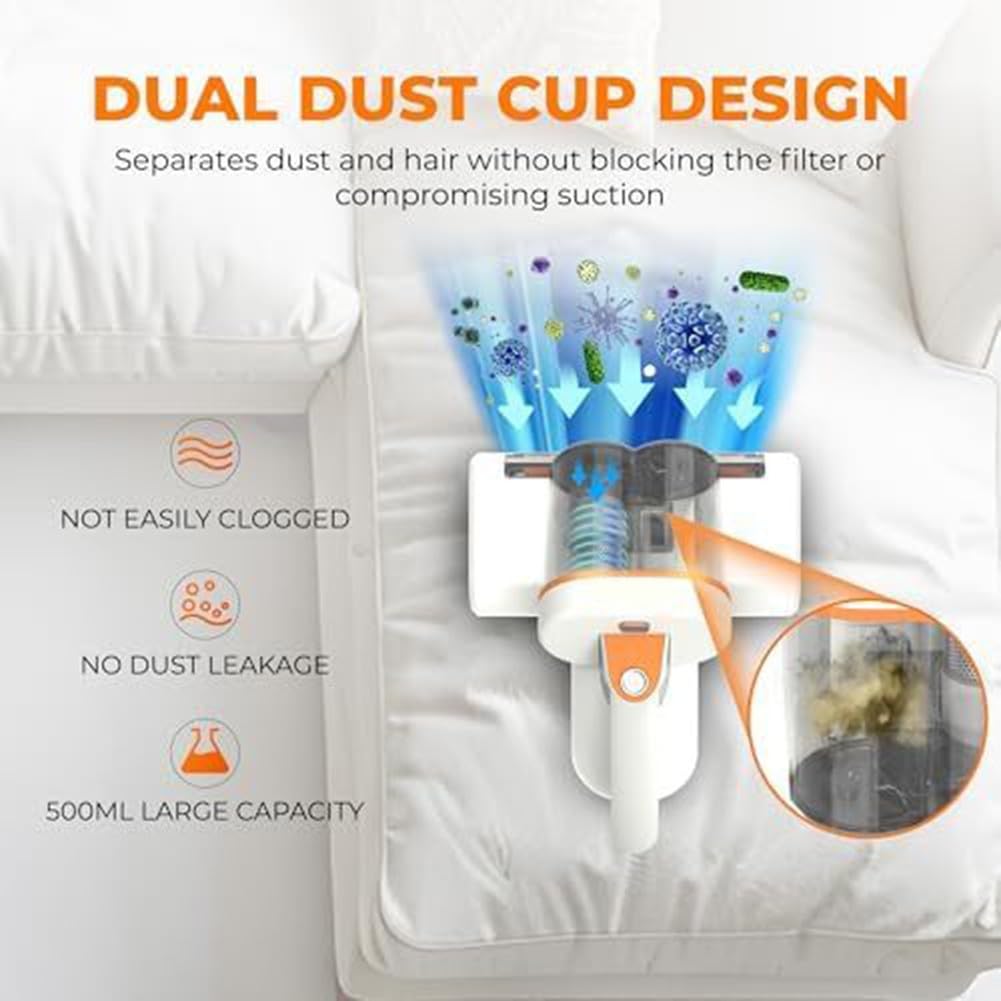 Aspirador de colchón con luz UV-C, succión de 13 Kpa y aire caliente a 60 °C, filtro HEPA para ácaros de cama, pelo de mascotas en sofás alfombras