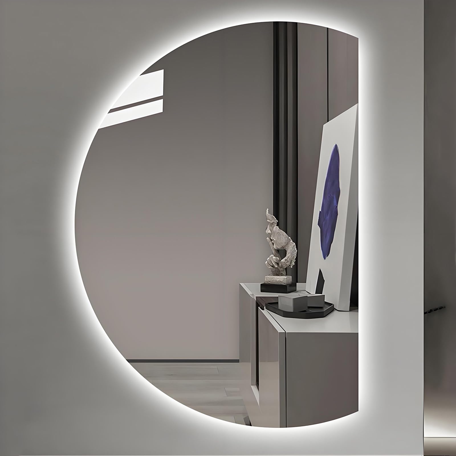 SXFSDOU Backlit Dressing Mirror 90cm 100cm Modern Semicircle Smart LED Bathroom 120cm 130cm 3-color Dimmable Wall Home Decoration(Right Cut,130 * 90cm)