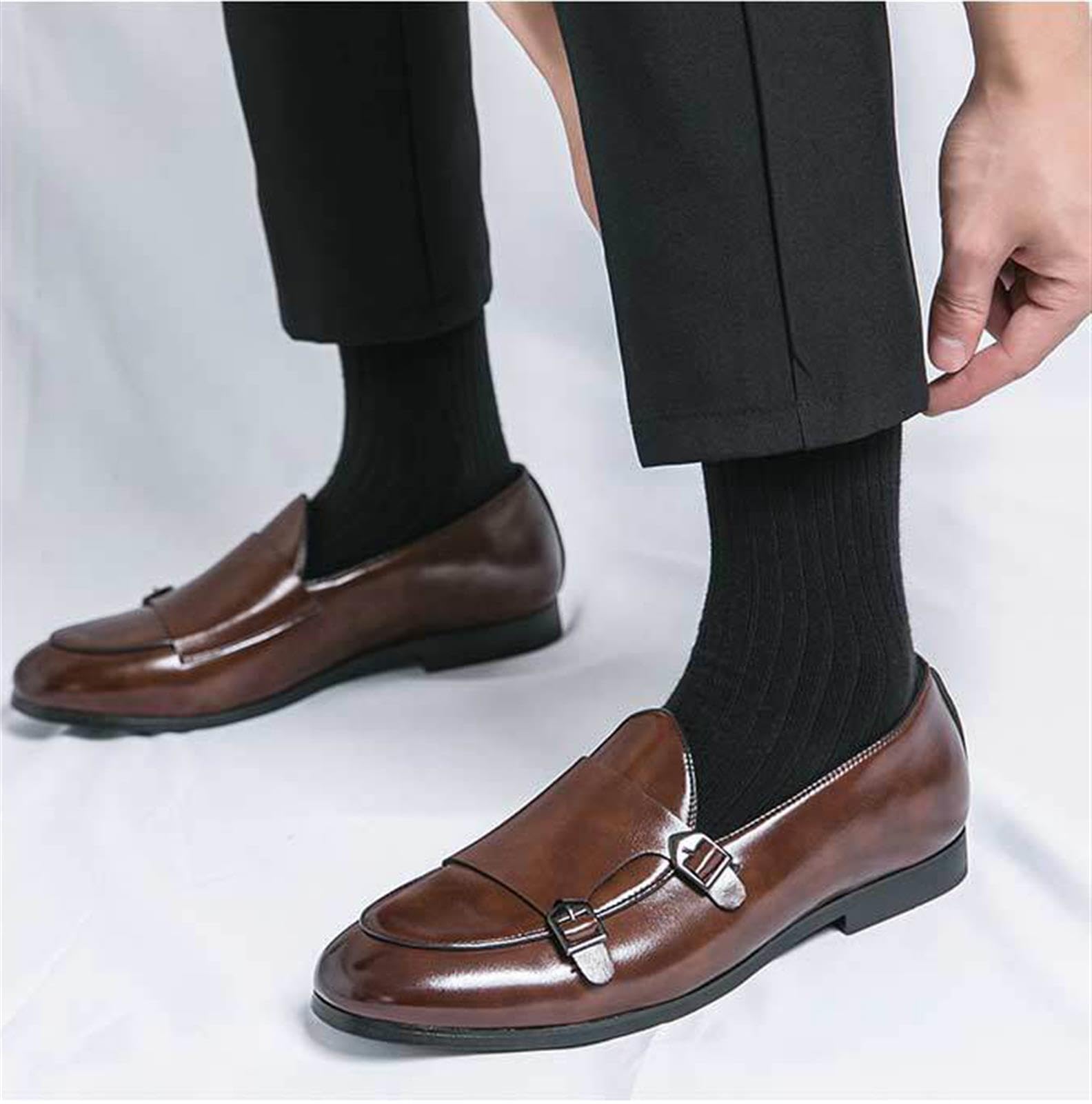 Brogue Scarpe da Uomo in Pelle Elegante Slip-On Double Monk Strap con Fibbia Casuale Scarpe da Sera Mocassini