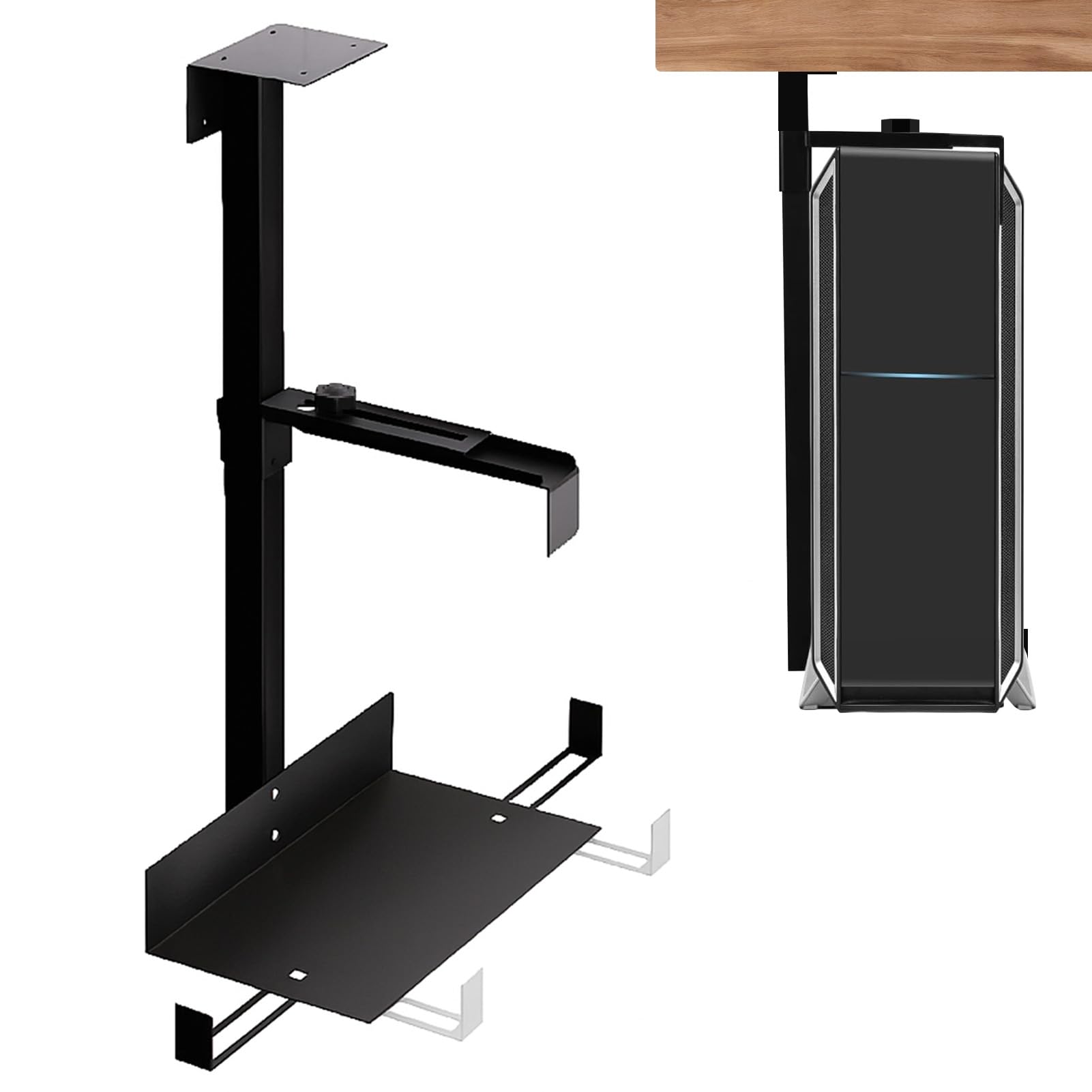 Soporte PC Ajustable bajo Escritorio & Pared, Soporte CPU Regulable en Altura hasta 54,5 cm, Capacidad 35 kg, Construcción de Acero Robusto, Ahorro de Espacio para Oficina & Gaming