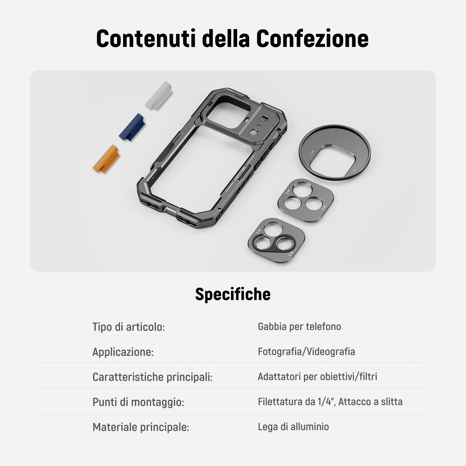 NEEWER Phone Cage Compatibile con iPhone 17 Pro, Accessorio Stabilizzatore Video Rig con Anello Filtro da 67mm, Backplate Lenti da 17mm, Adattatore T Mount, 4 Tappi di Controllo, PA143 (Nero)