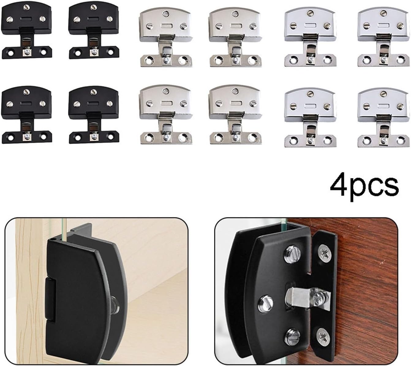 YEJIANGHUA 4pcs Glass Door Hinge Bookshelf Glass Clamp Shower Door Hinge Display Cabinet Glass Clip Bathroom Furniture Cupboard Hardware Natural(Black)