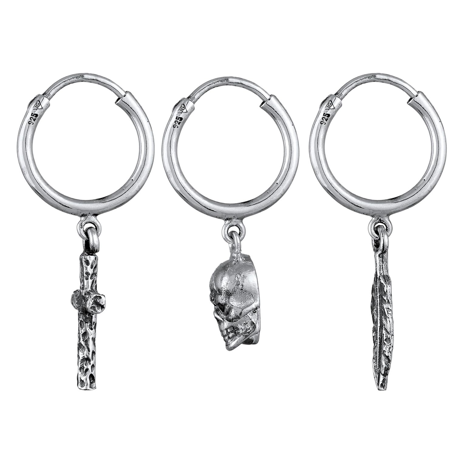 Kuzzoi Herren-Ohrringe Creolen Set (13 mm) oxidiert aus 925 Sterling Silber für Männer mit Kreuz, Totenkopf und Feder Anhänger