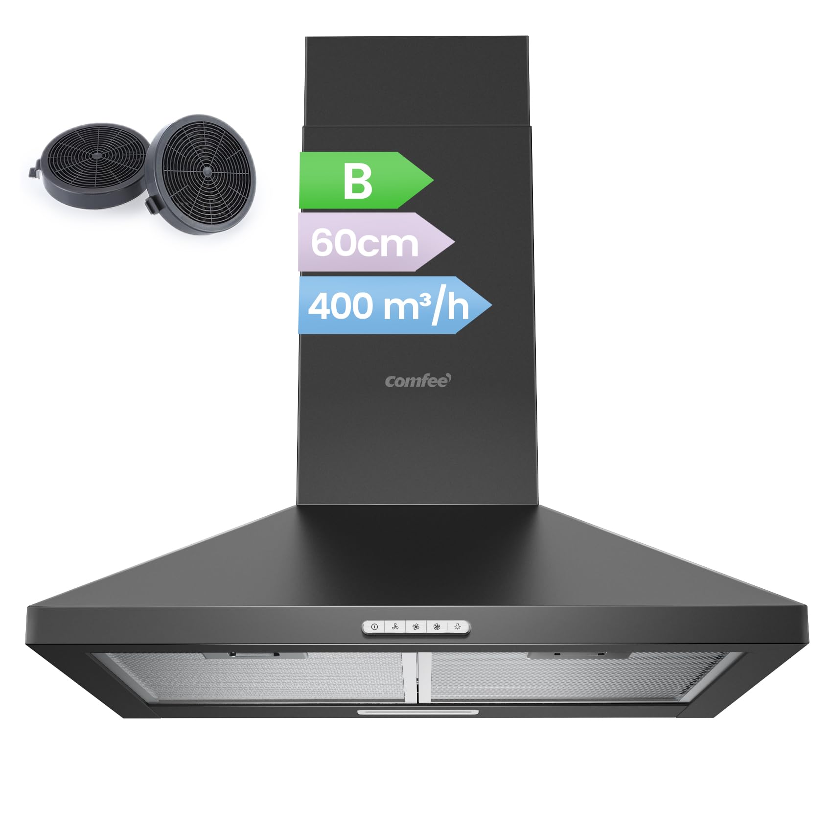 COMFEE' Cappa Aspirante 60 cm PYRA17B-60 Nera Cappa Cucina con LED, Sistema di Ricircolo e Canalizzazione e Filtri a Carbone