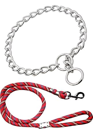 Dog Trust Combo 22 inch Stainless Steel Choke Chain with Red Rope Leash for Dogs (Red) - Small
