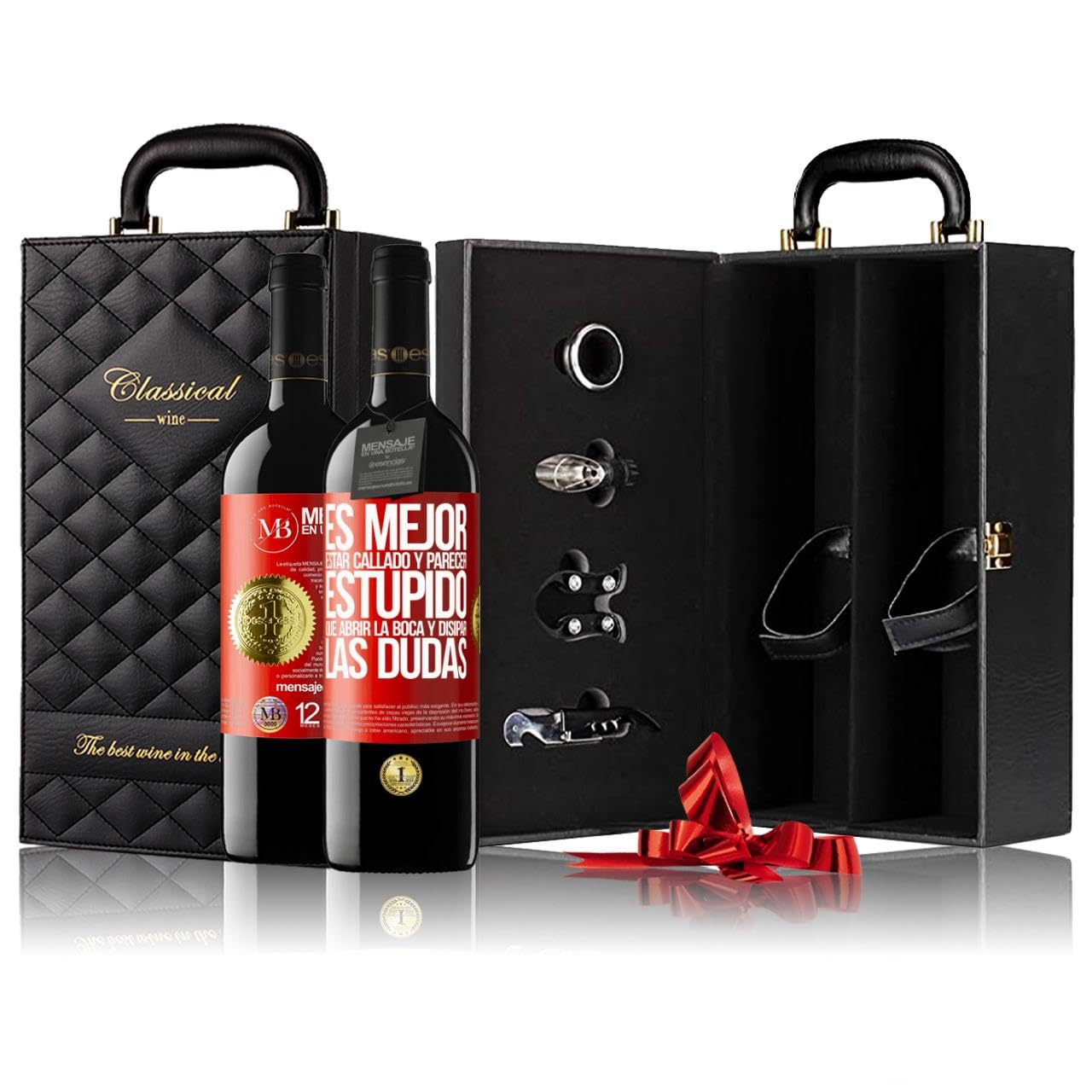 «Es mejor estar callado y parecer estúpido, que abrir...» Mensaje en una Botella. Estuche-Maletín de LUJO 2x Vino Tinto Premium Reserva 12 Meses y Set de 4 Accesorios. Etiqueta Roja PERSONALIZABLE