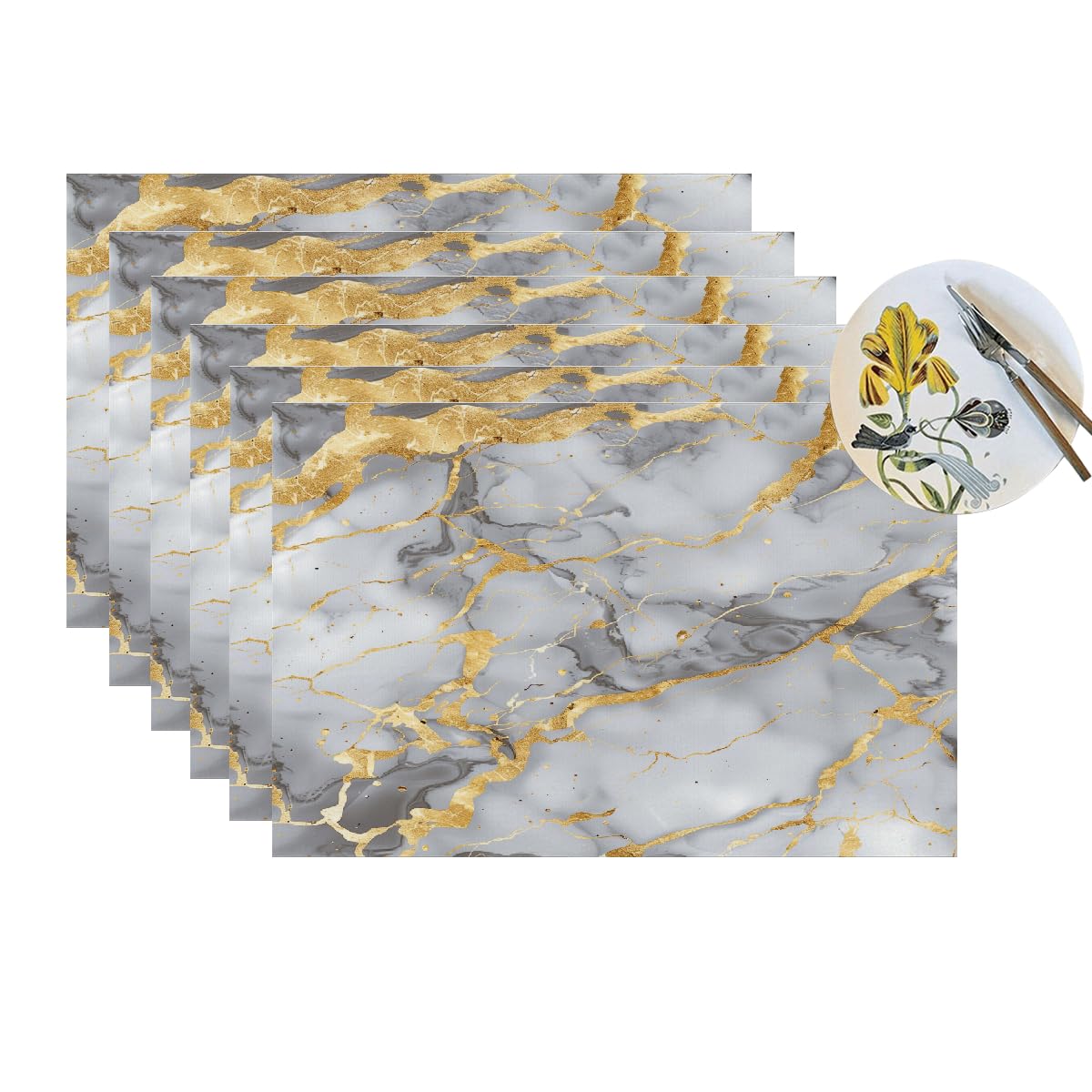 Non-Slip Plistic PVC Placemats Set of 6,Modern Abstract Art Golden Grey Marble Pattern Easy Clean Place Mats, Indoor/Outdoor Washable Placemat for Party Kitchen Dining Decor