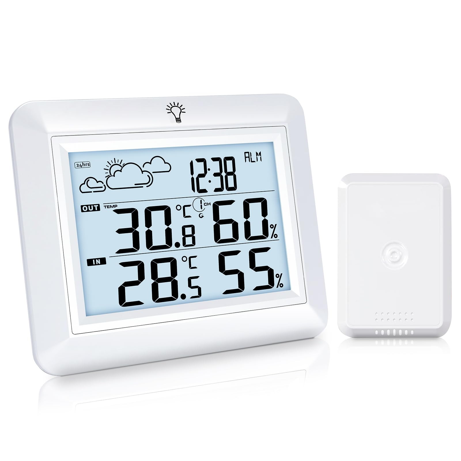 Urageuxy Thermometer Innen Außen, Digital Thermometer Hygrometer mit Wettervorhersage, Hygrometer, Weckzeiten, MIN/MAX-Aufzeichnung, 100m Reichweite, LCD Backlight Display