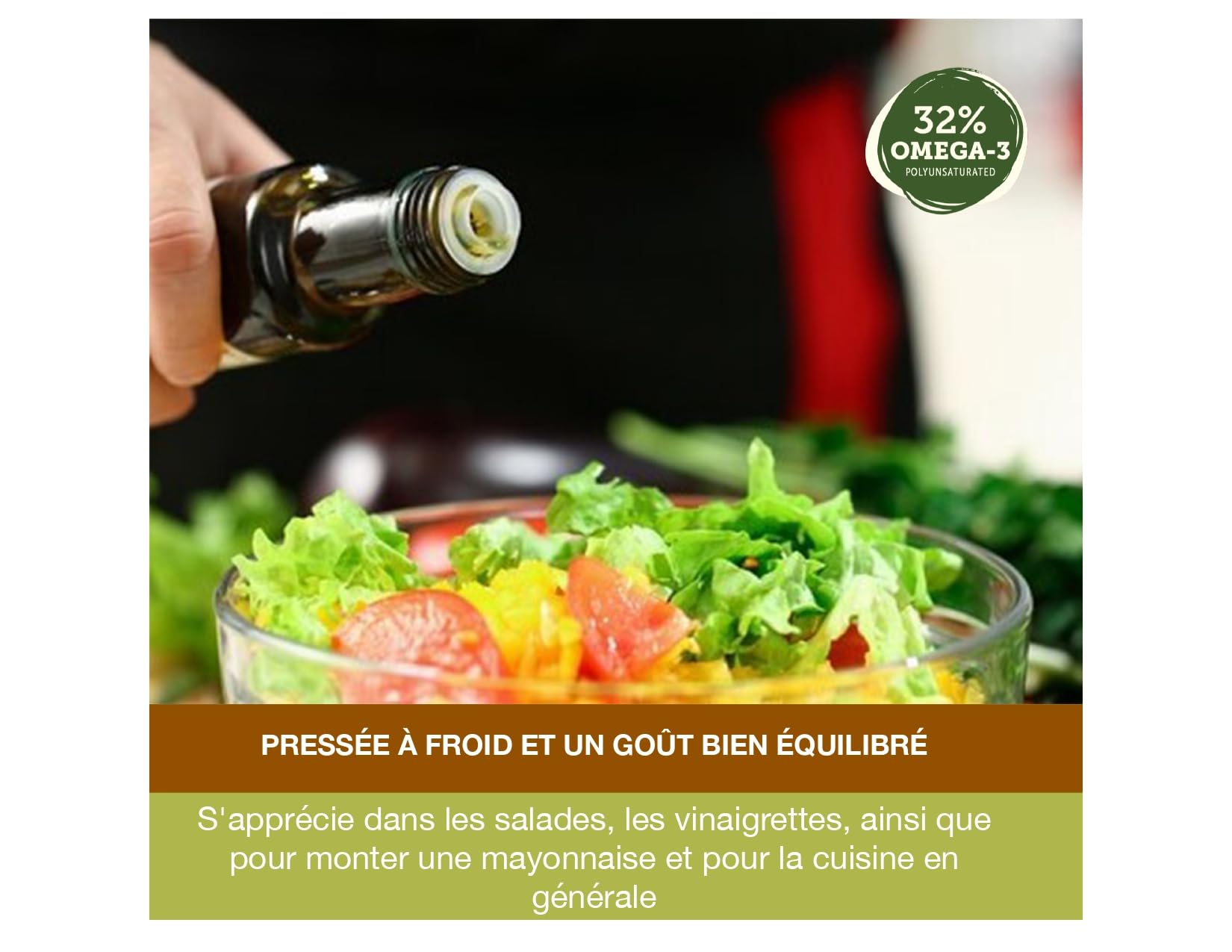 Signé Caméline. Huile de caméline vierge. 500ml. Pressée à froid. Huile de finition et de cuisson. Élevée en Omega-3. Point de fumée 246°C/475°F. Substitut à l'huile d'olive. Produit au Canada.