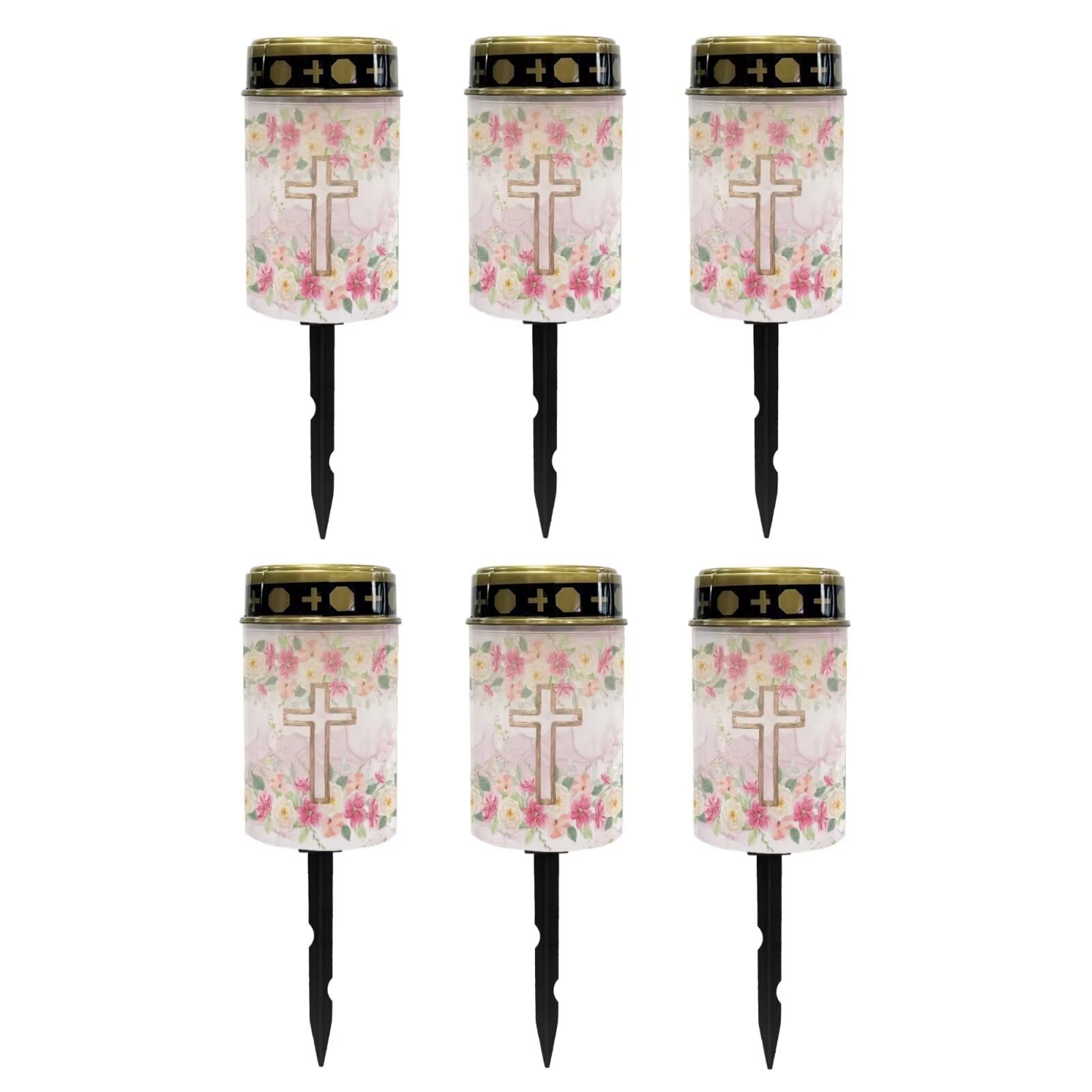 Poceacles Cross Solar Outdoor Lights Solar Grave Lights Solar Cemetery Candles LED Automatic Flameless Candles Cemetery Outdoor Solar Lights for Loss of Dad, Pink Floral Cross, Pack of 6