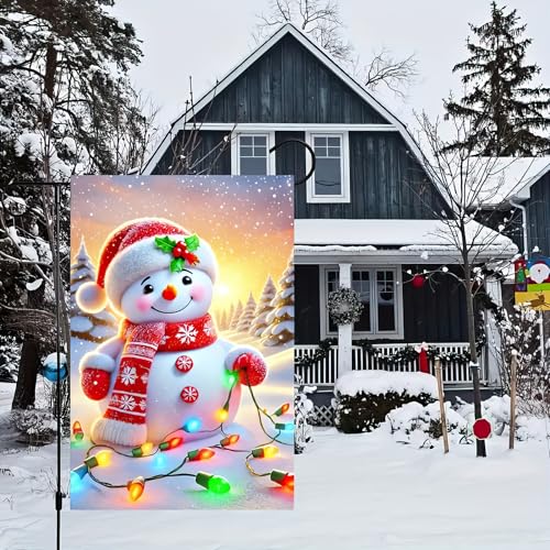 Image of BlissYard Christmas Snowman Garden Flag 12x18 Inch Polyester | Double sided polyester, Christmas snowman colorful lights design, cozy winter home decor for holiday porch and yard