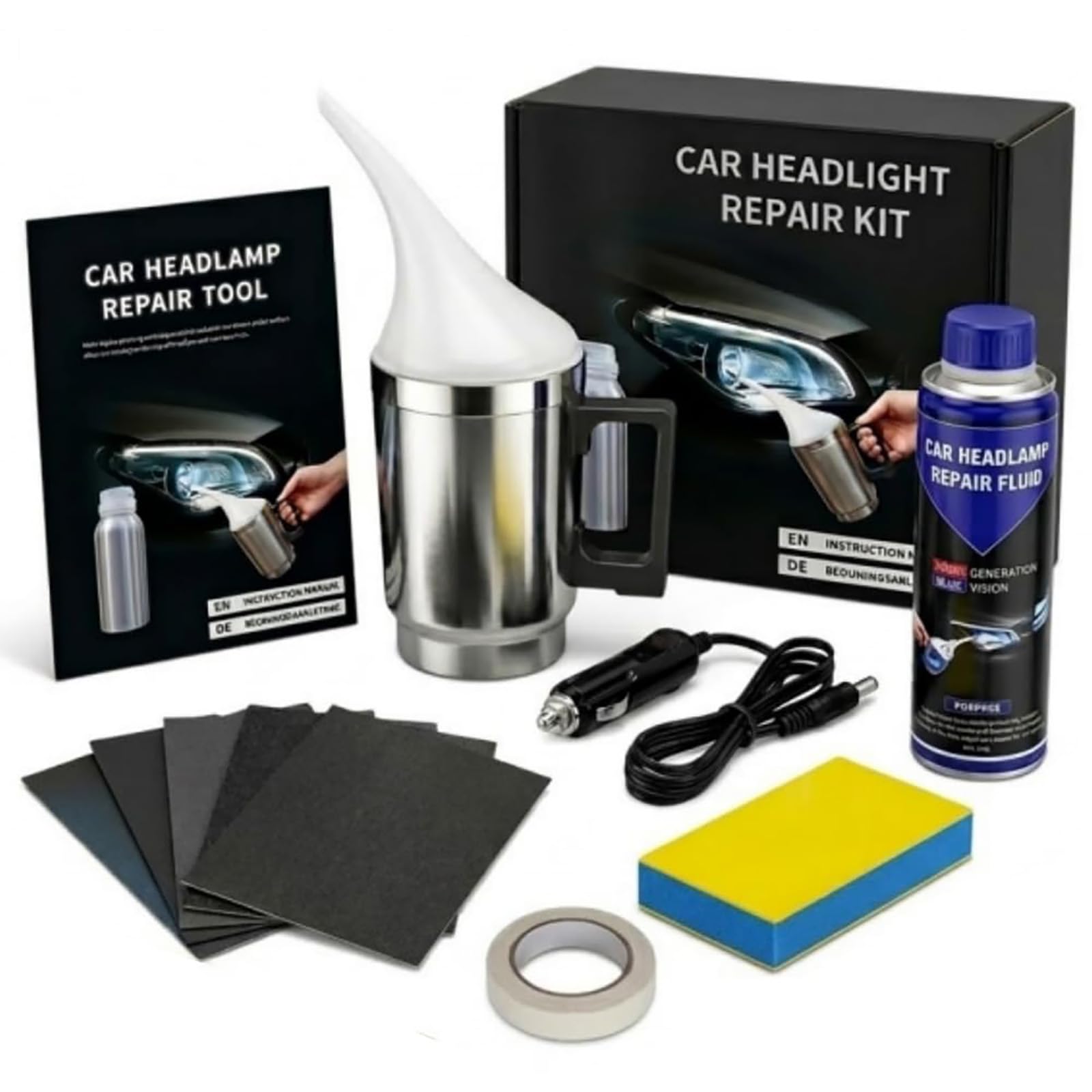 Kit Rénovation Phares Voiture, Kit Polissage Phare Voiture, Renovateur Phares, avec Coupe d'atomisation pour Oxydation/Jauni/Rayures/Flou