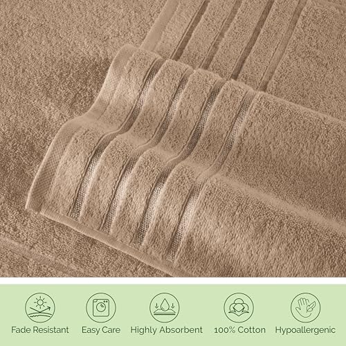 Image of Elegant Comfort 100% Turkish Cotton 4 Lines Viscose Stripe Luxury 4 Pack Hand Towel Set - Ultra Absorbent and Soft 16 x 28 Inch Premium Hotel Spa Quality Towels for Everyday Bath Use, Taupe