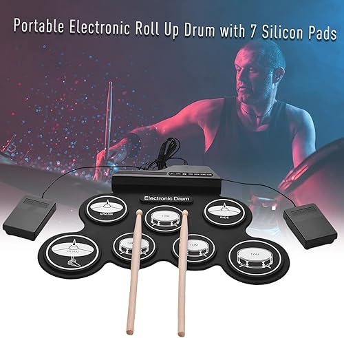Miniatura 8 de Juego de tambor de silicona enrollable USB de tamaño compacto, kit de batería electrónica digital, 7 almohadillas de batería con baquetas, pedales