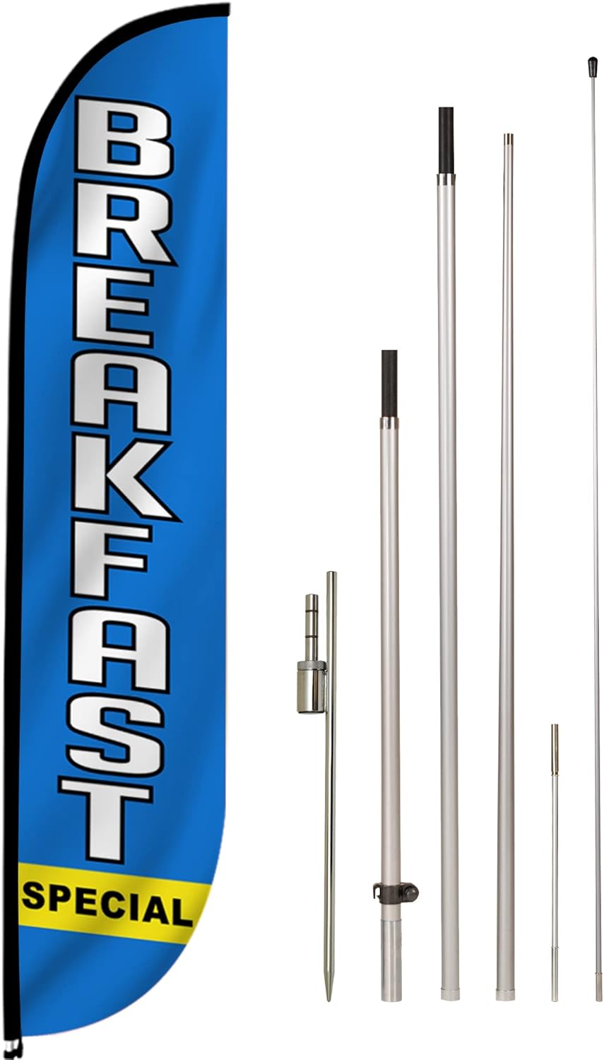 LookOurWay Feather Flag Banner - 12 Feet Tall Advertising Flags for Outdoor Business and Events Promotion - Swooper Flag Only - Diner Flags - Breakfast Special (10M1200129)