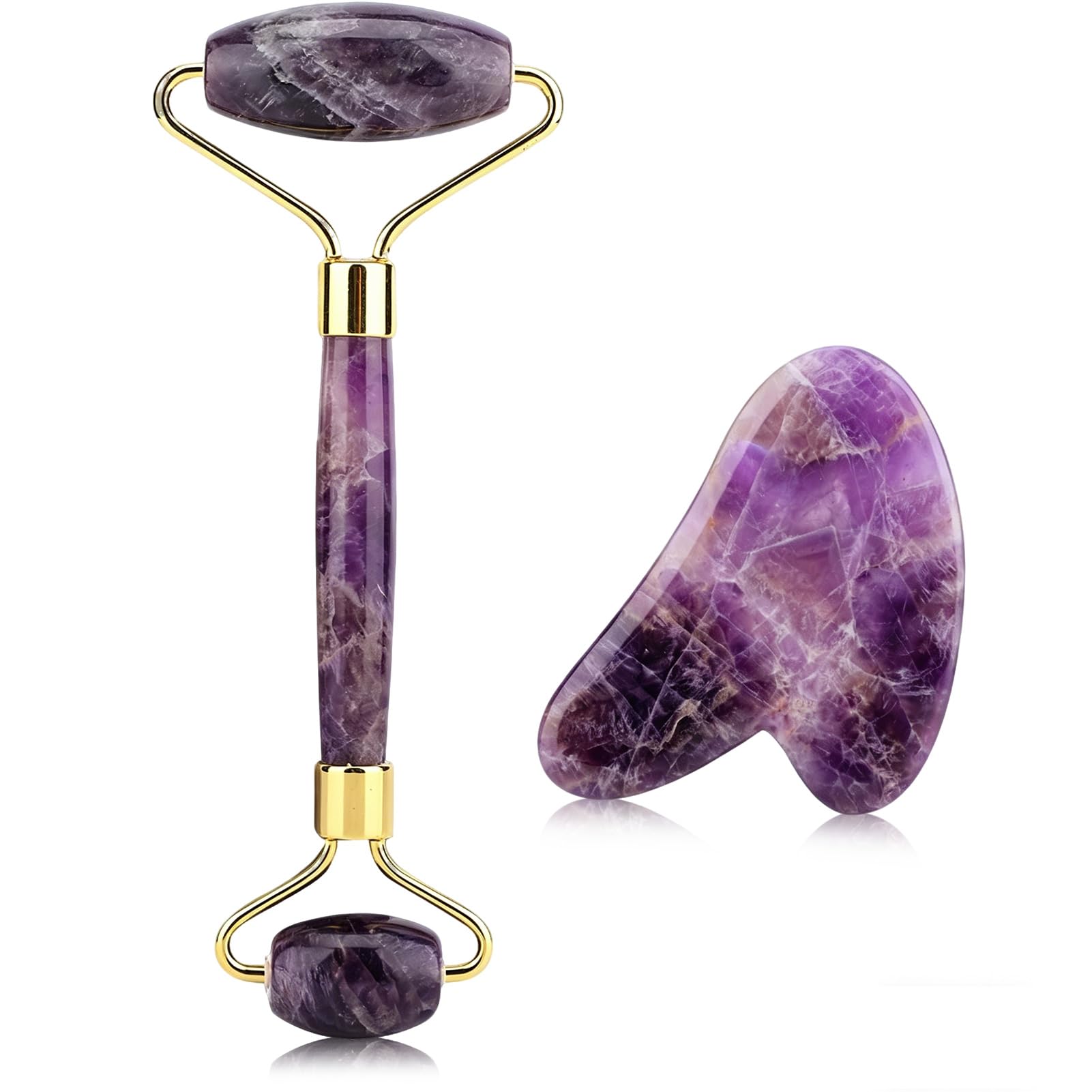 Rodillo De Piedra De Jade De Amatista Natural, Rodillo Para El Rostro Herramienta Guasha Para El Rostro Rodillo Facial Antienvejecimiento De Doble Cabeza Para El Cuidado De La Piel, Ojos, Cuello