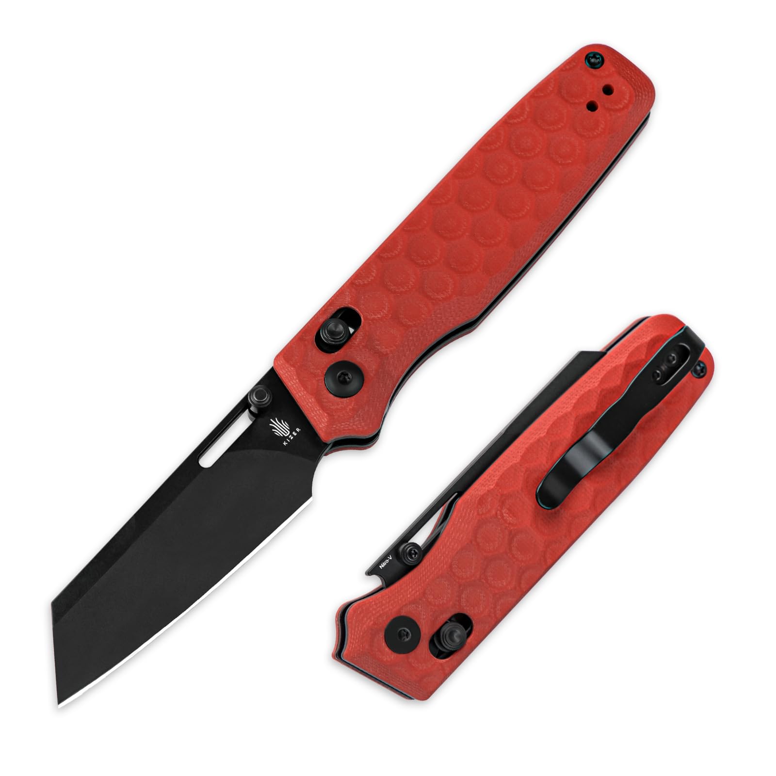 KizerTask Pocket Knife, 3.04 Inch Nitro V Sheepsfoot Blade EDC Folding Knife with Innovative Clutch Lock, Spicy Red G10 Handle Camping Knives, Small Hunting Knives with Thumb Stud Opener, V3641A2
