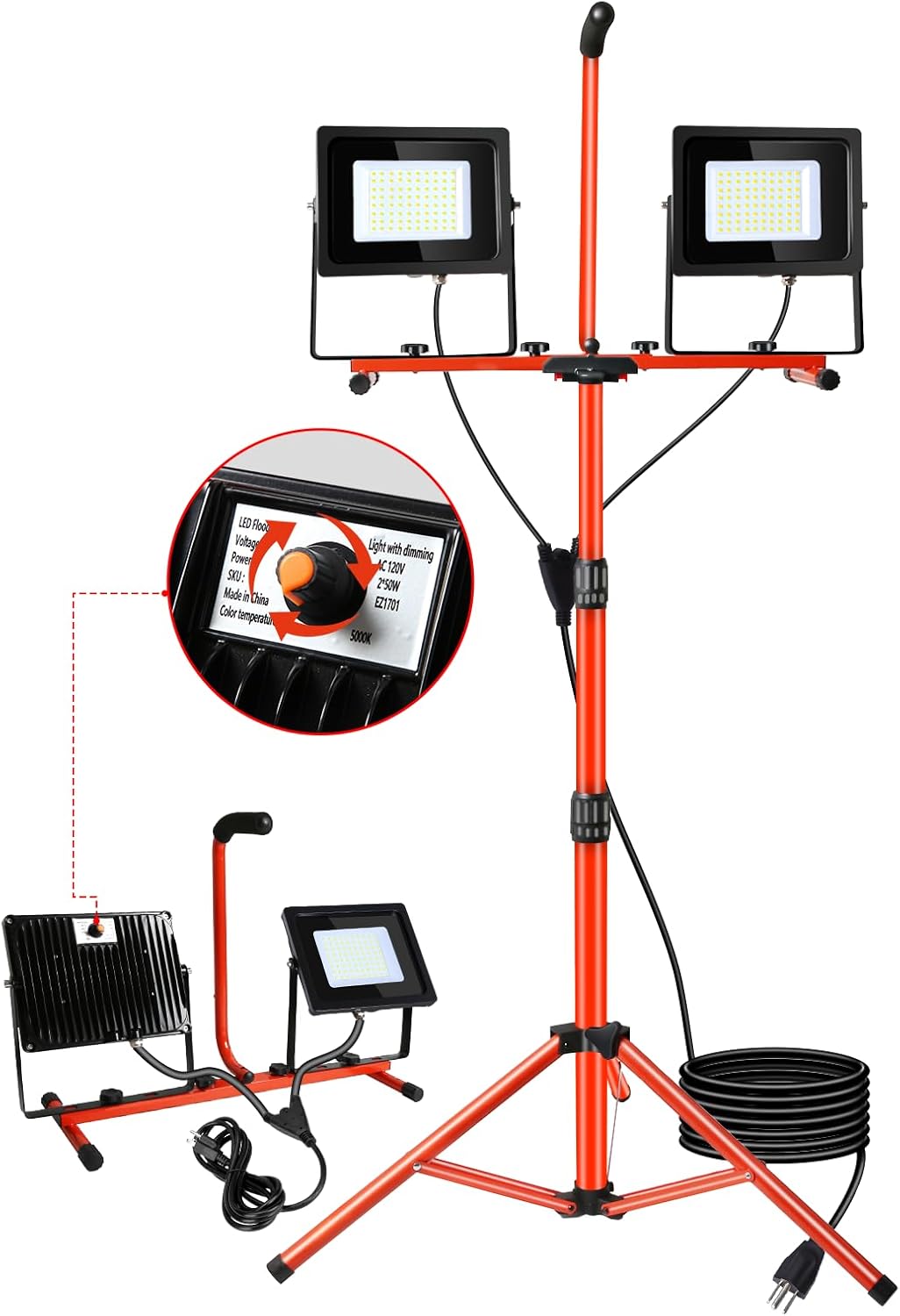 Dimmable 100 Watt Work Lights on Stand, 10000 Lumen Adjustable Height, Waterproof LED Stand Work Light Tripod with Individual Switch 5000K Color Temperature 100W-with dimmable 1 Pack