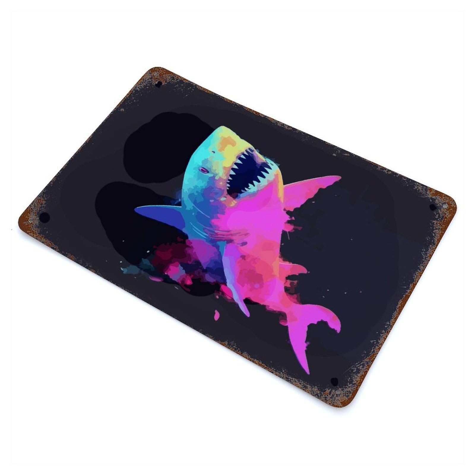 Colorful Shark Illustration on Black Background Rusty Metal Tin Sign 11.8"x7.9", Farmhouse Wall Decor for Farmhouse, Kitchen And Entryway Decor