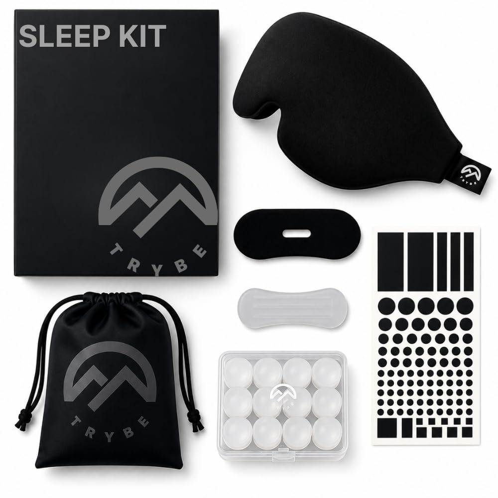 Trybe Kit de sueño, antifaz para dormir, tapones para los oídos, tiras nasales y cubiertas de luz para viajar. Bolsa para dormir y guía de respiración y sueño para viajes, hoteles, camping u hogar