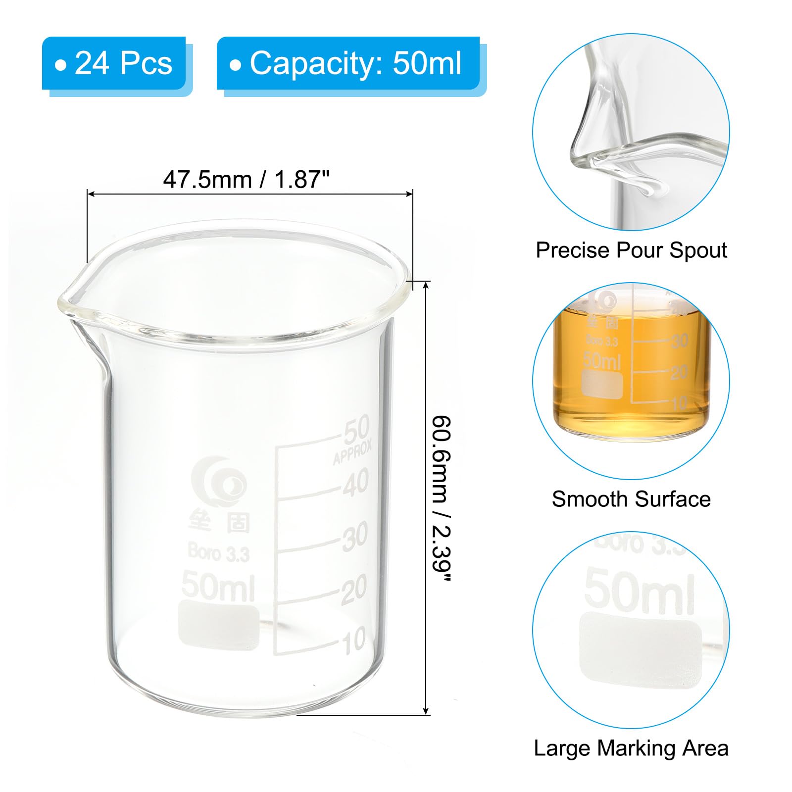 PATIKIL 50ml Bécher Bas En Verre, 24Pcs 3.3 Béchers En Verre Borosilicaté Gradués Avec Bec Verseur Pour Expérience De Laboratoire, Cuisine Et Pâtisserie, Transparent