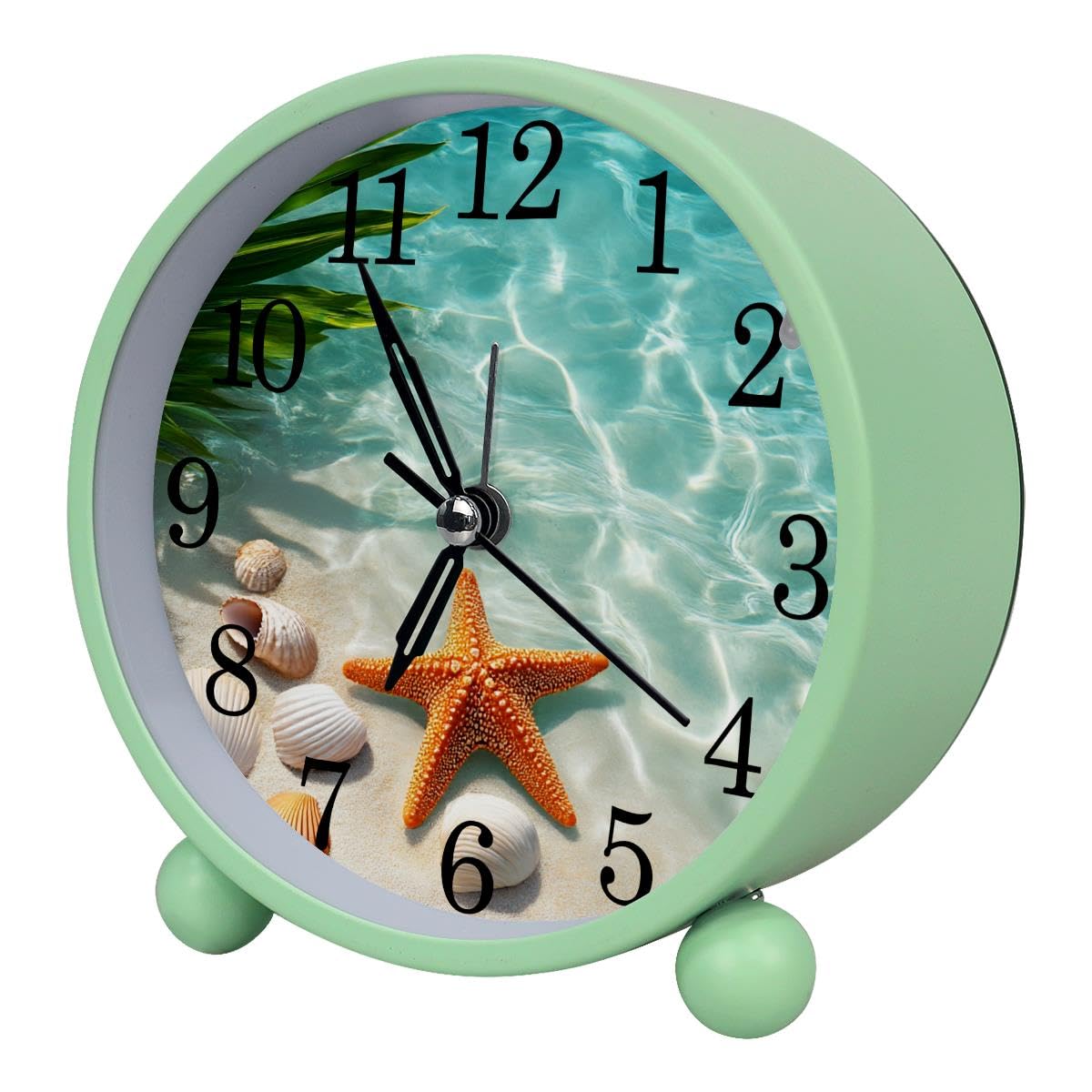 Luoweisi Alarm Clock Starfish Seashells Beach, Silent Non-Ticking with Night Light, Round Metal Alarm Clock for Office, Battery Operated, Bedroom, Elderly, Adults, Children, Student Gifts