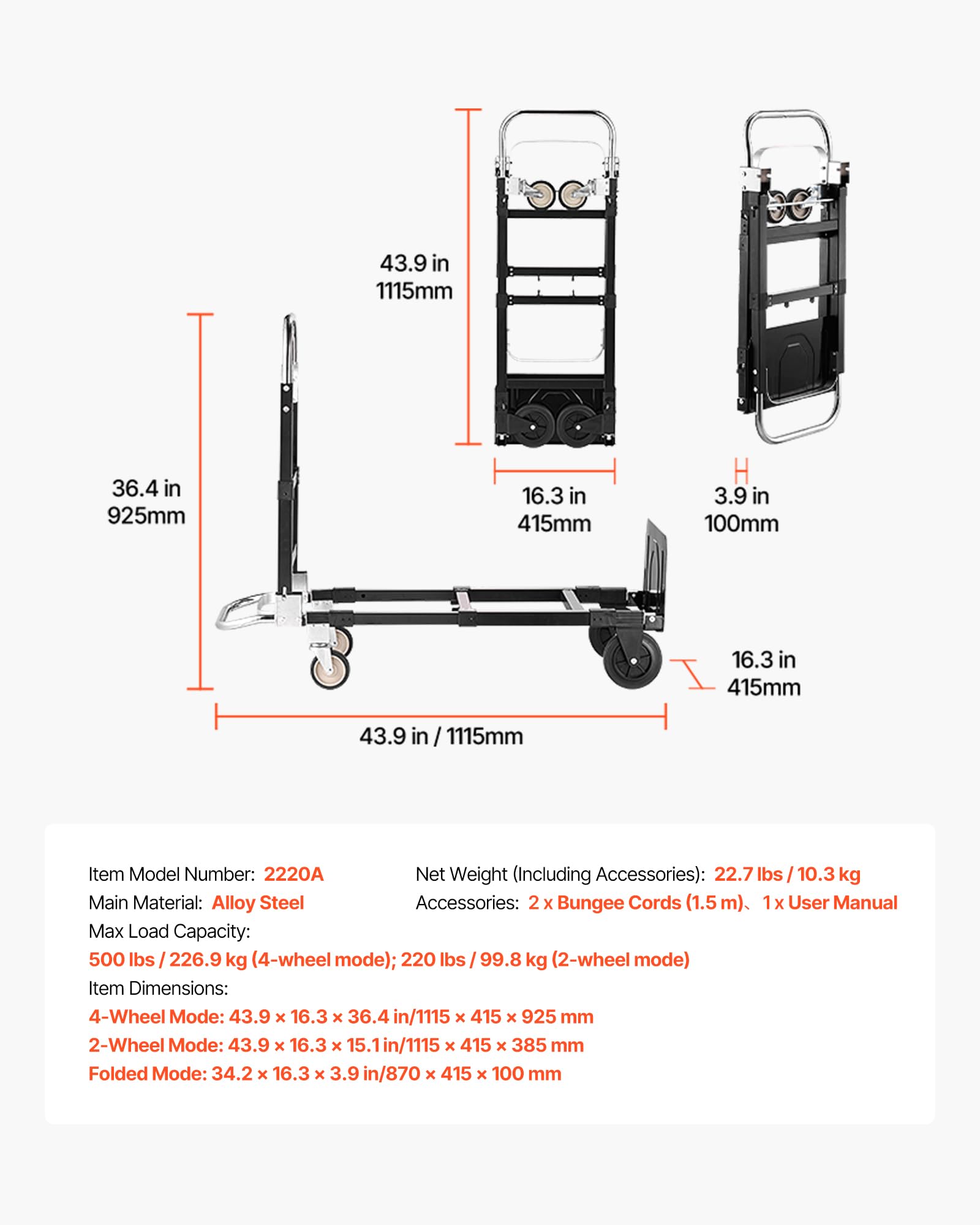 VEVOR Carrello a Mano Pieghevole, Capacità di Carico di 226,9 kg per la Modalità a 4 Ruote, Carrello a Mano Convertibile con Ruote e Maniglia Regolabile, per Traslochi di Casa, Ufficio, Magazzino