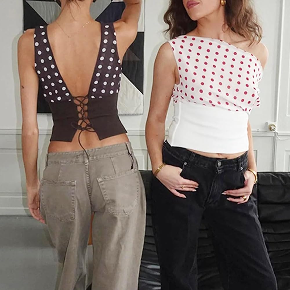 FWSAM Women Sexy One Shoulder Polka Dot Crop Tank Top Y2k